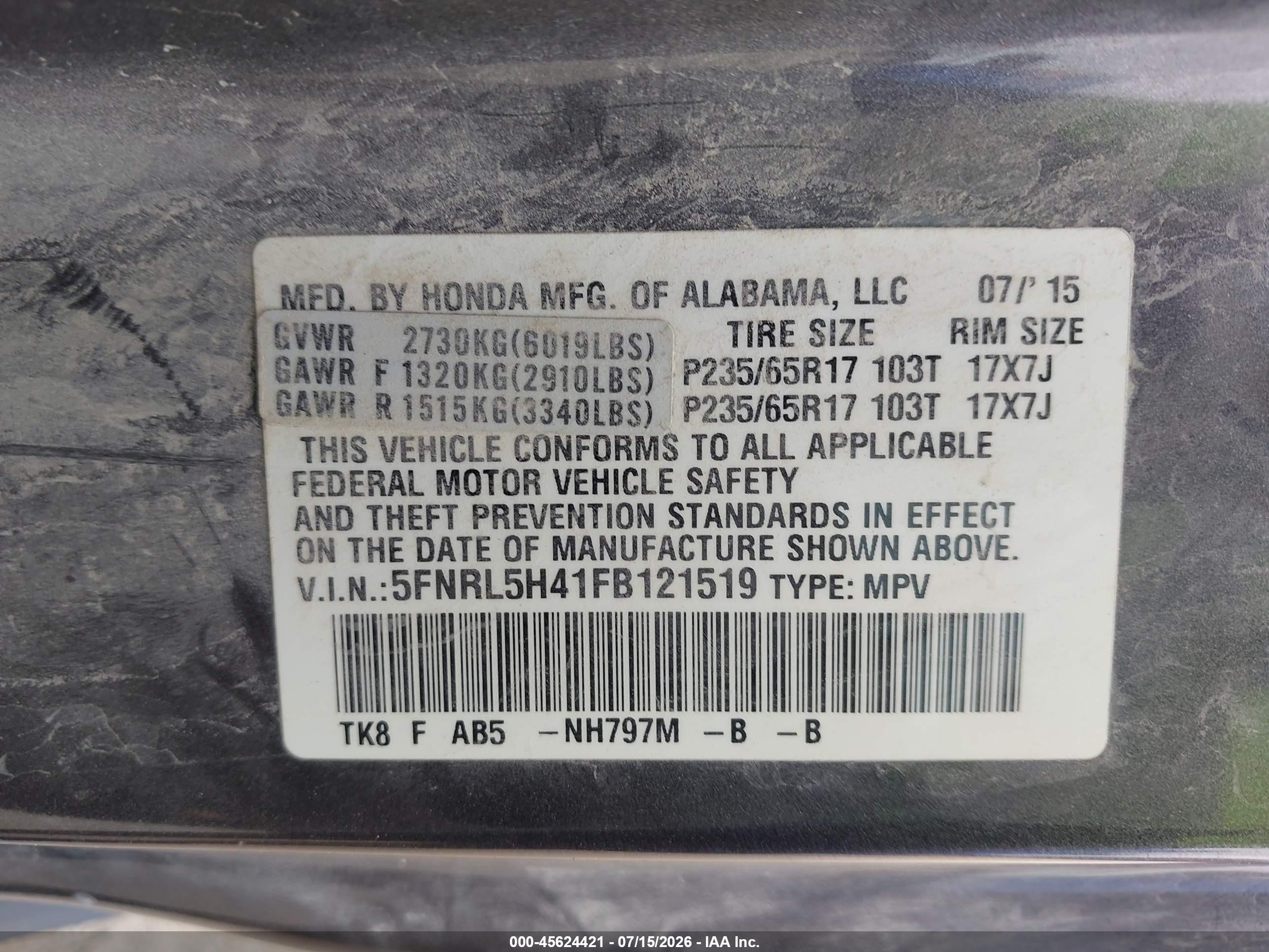 2015 Honda Odyssey Ex Gray vin: 5FNRL5H41FB121519