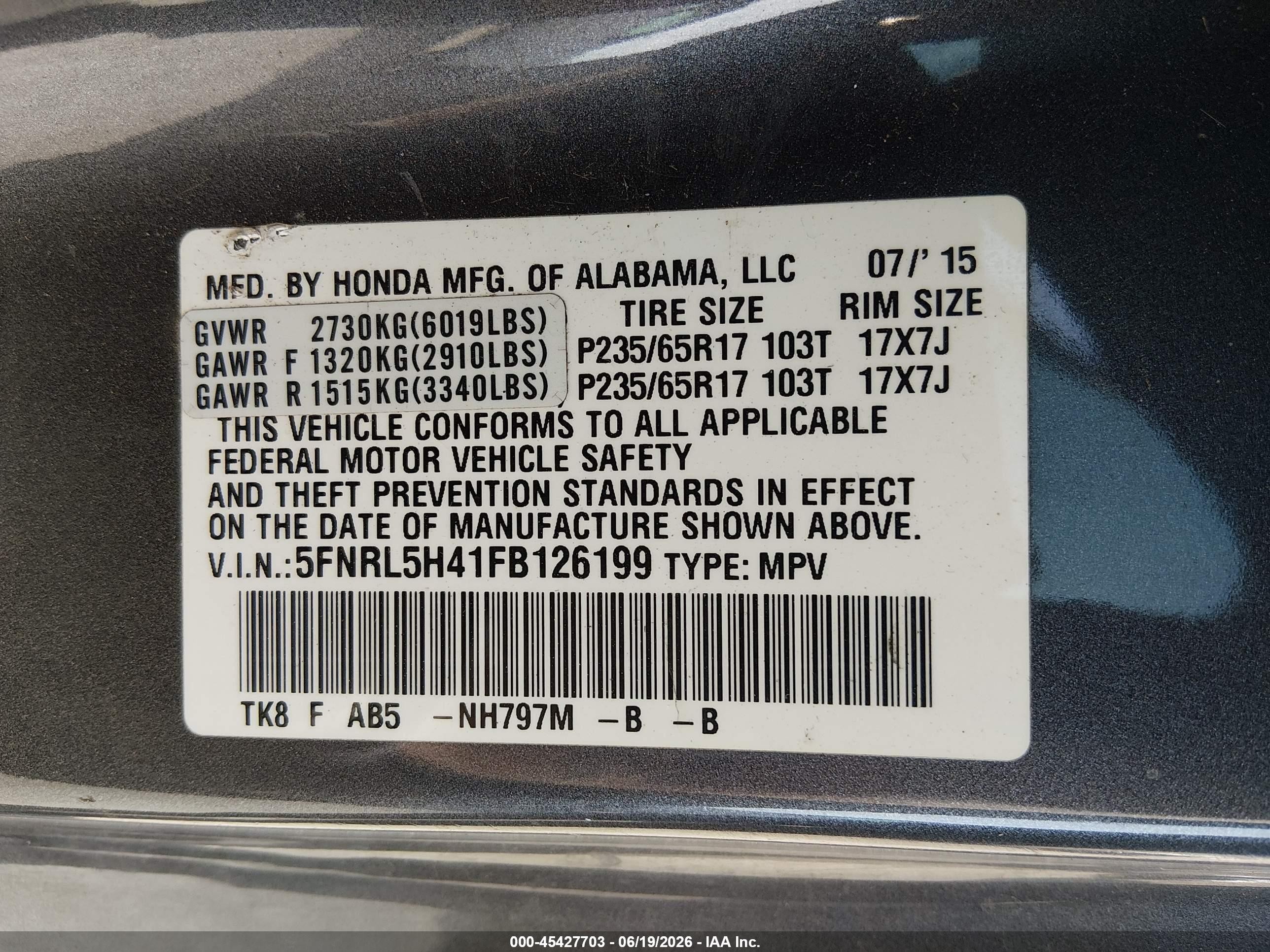 2015 Honda Odyssey Ex Gray vin: 5FNRL5H41FB126199