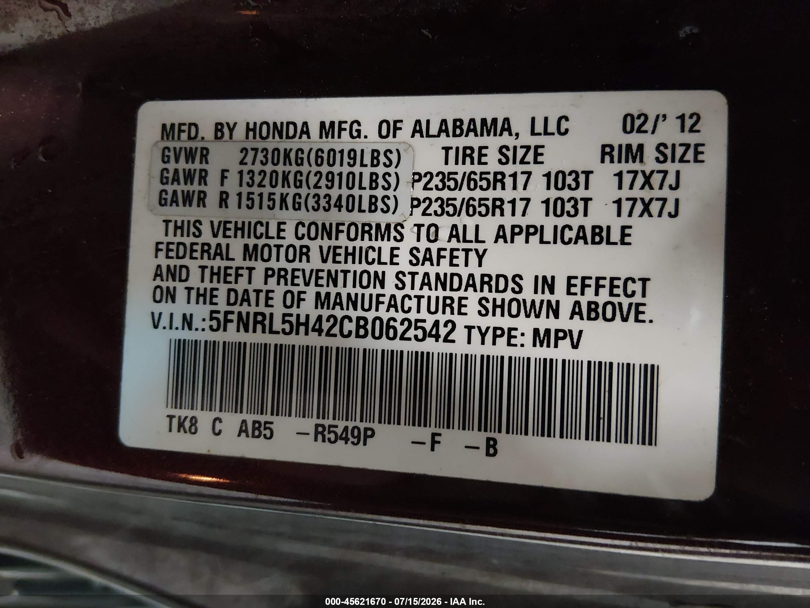 2012 Honda Odyssey Ex Red vin: 5FNRL5H42CB062542