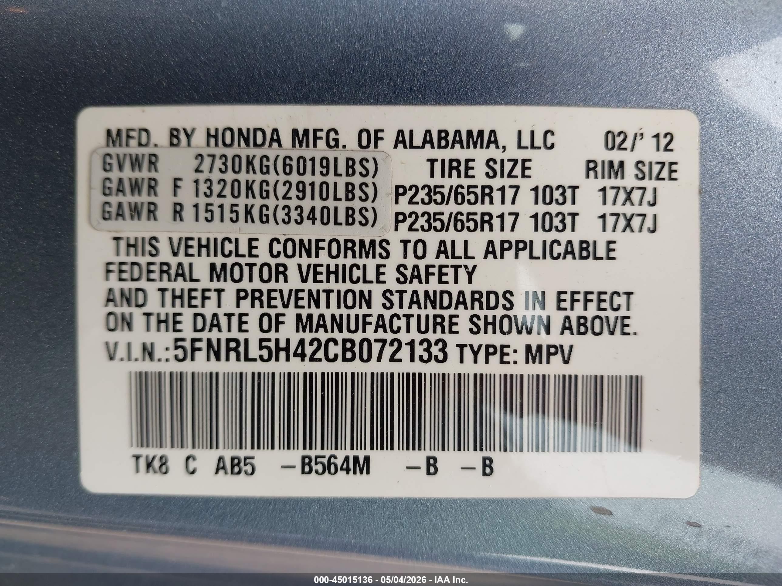 2012 Honda Odyssey Ex Light Blue vin: 5FNRL5H42CB072133