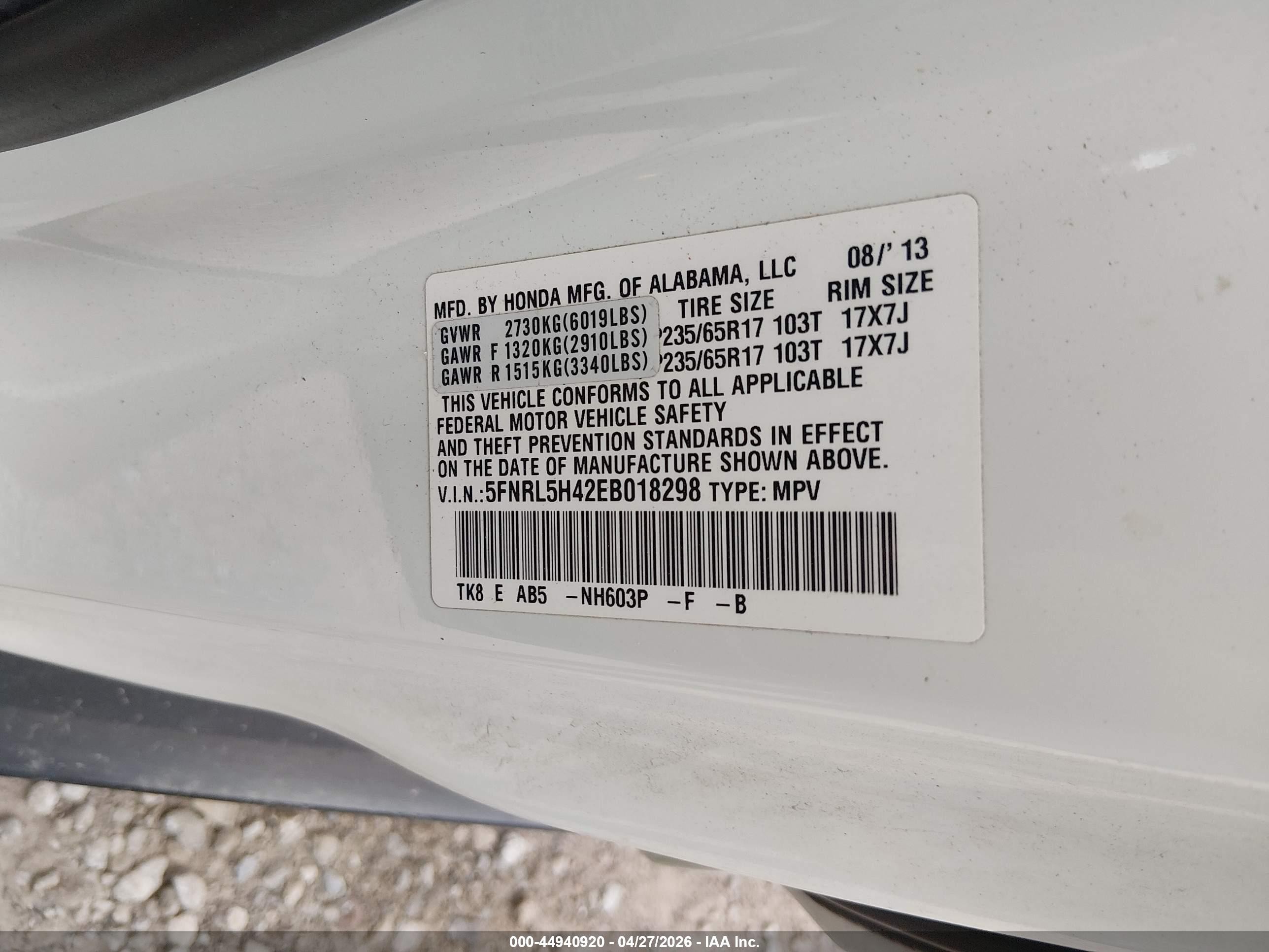 2014 Honda Odyssey Ex White vin: 5FNRL5H42EB018298