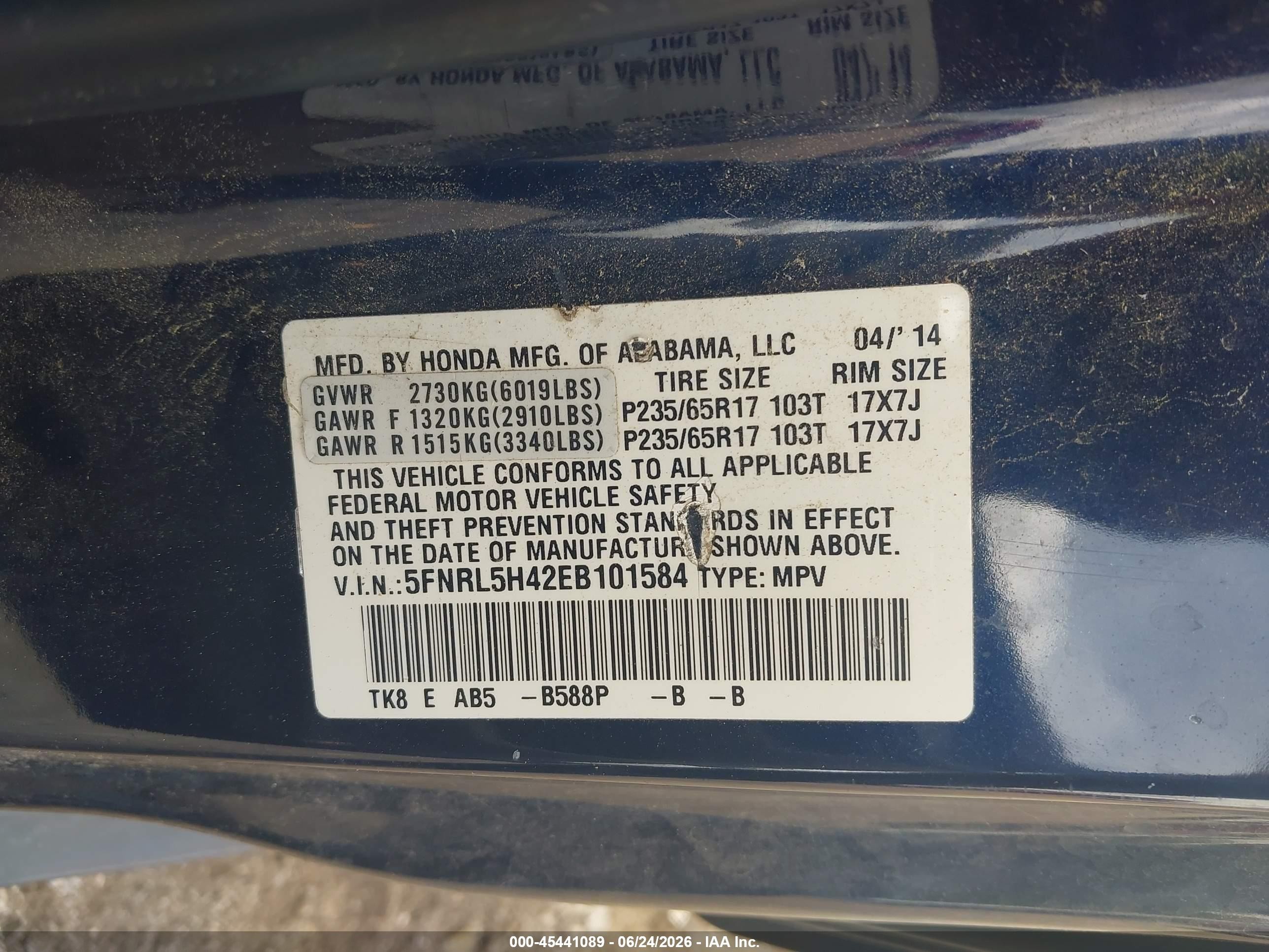 2014 Honda Odyssey Ex Dark Blue vin: 5FNRL5H42EB101584