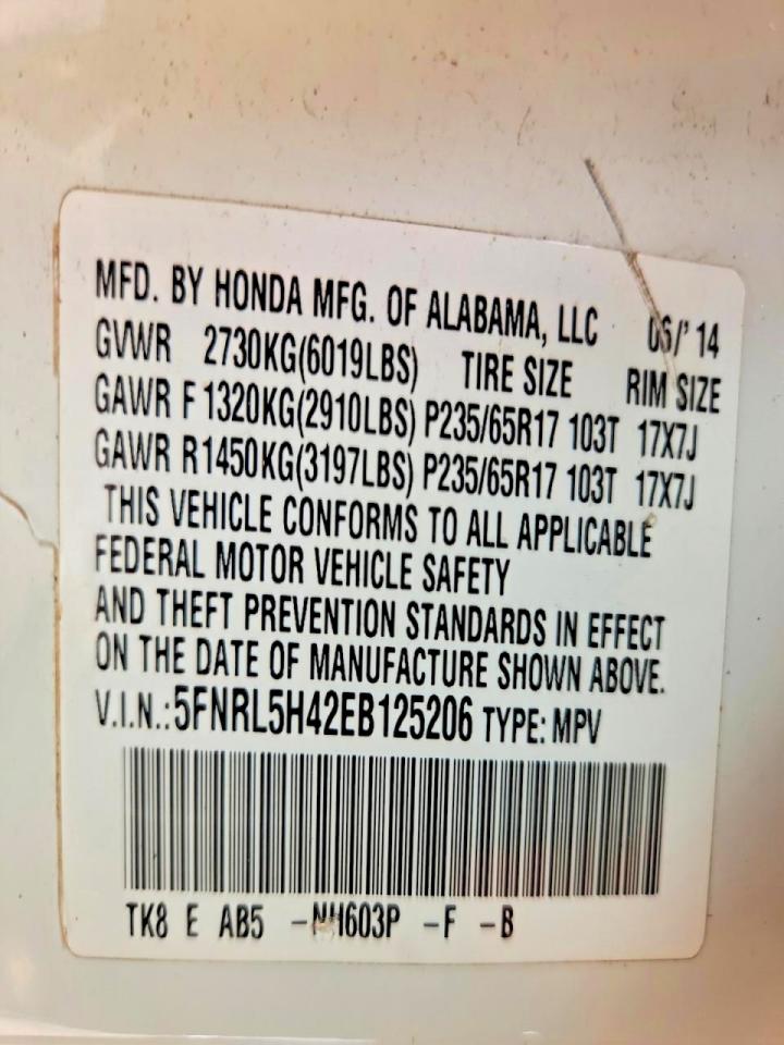 2014 Honda Odyssey White vin: 5FNRL5H42EB125206