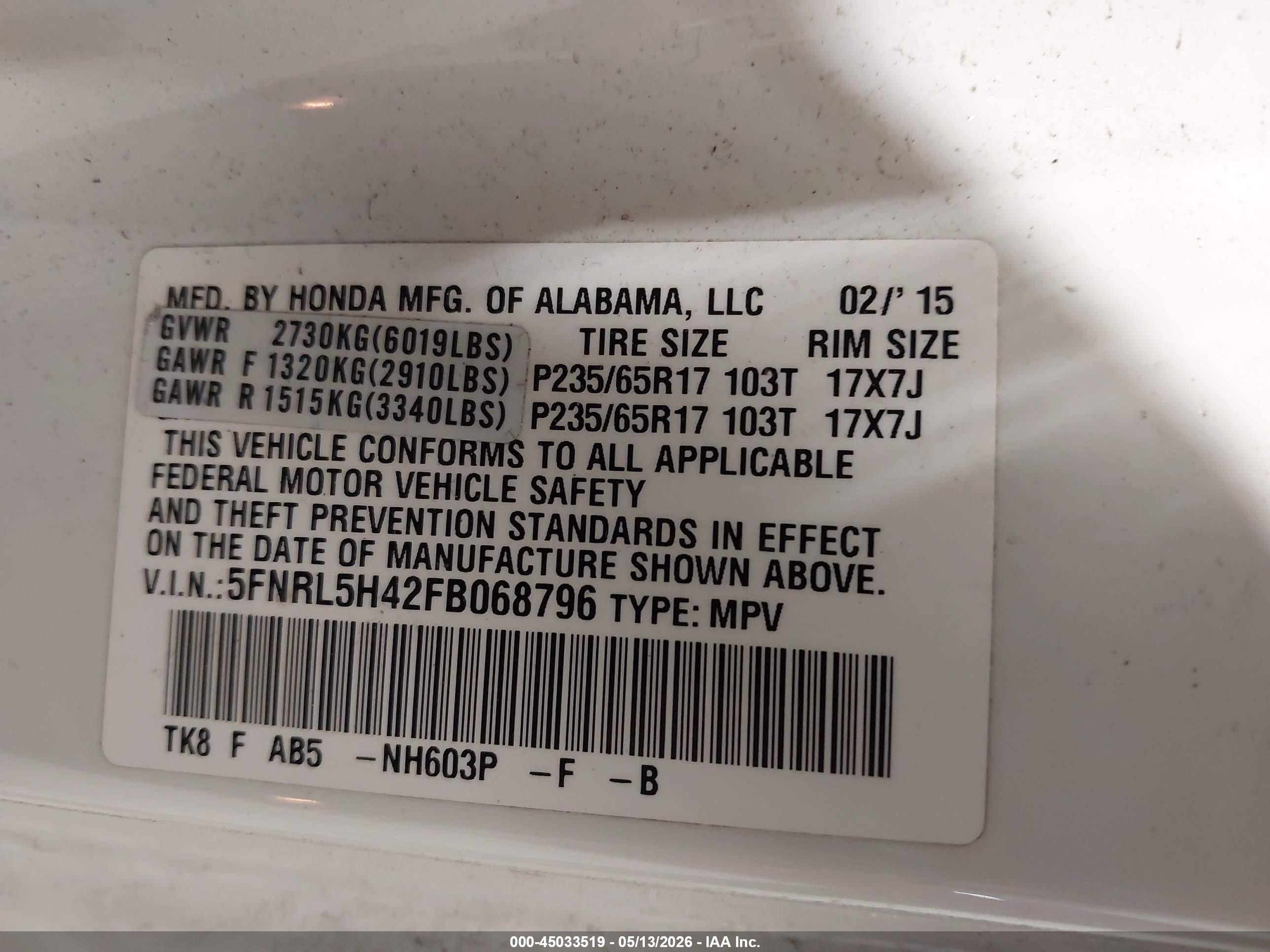 2015 Honda Odyssey Ex White vin: 5FNRL5H42FB068796