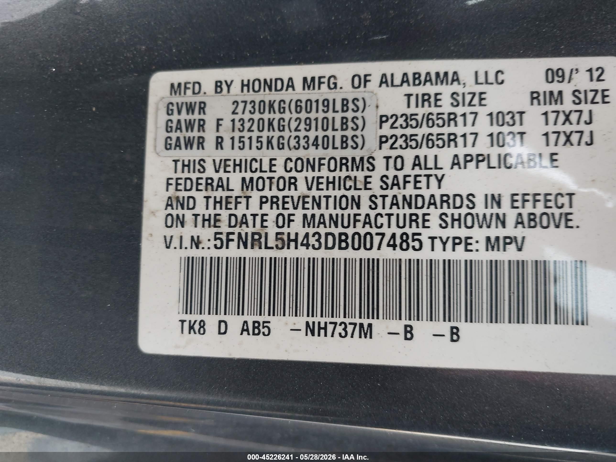 2013 Honda Odyssey Ex Gray vin: 5FNRL5H43DB007485