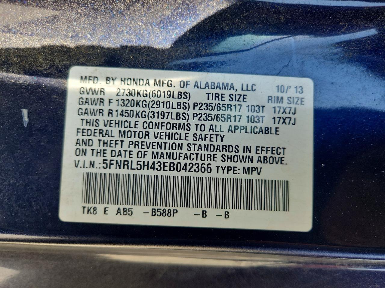 2014 Honda Odyssey Ex Blue vin: 5FNRL5H43EB042366