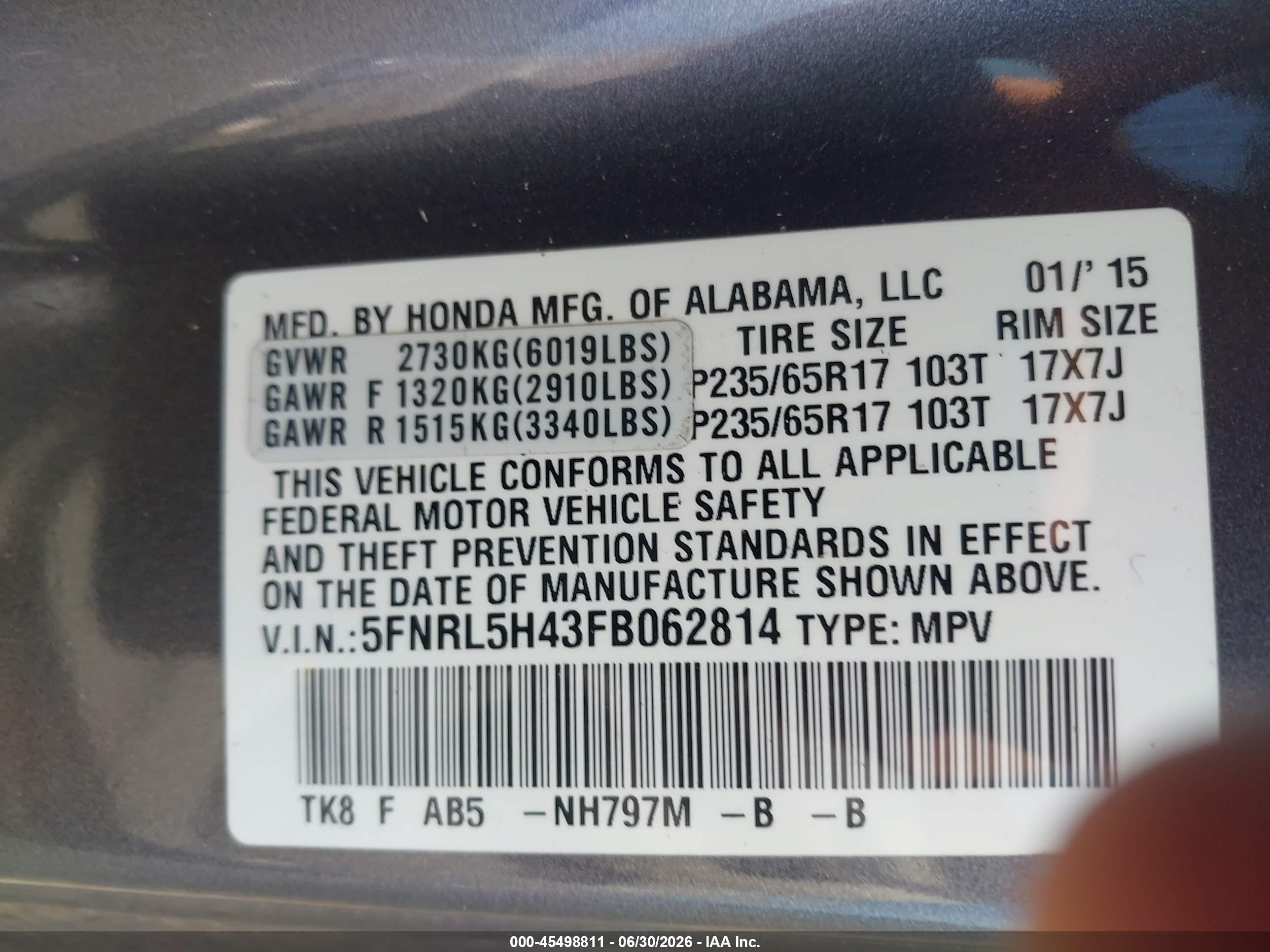 2015 Honda Odyssey Ex Gray vin: 5FNRL5H43FB062814