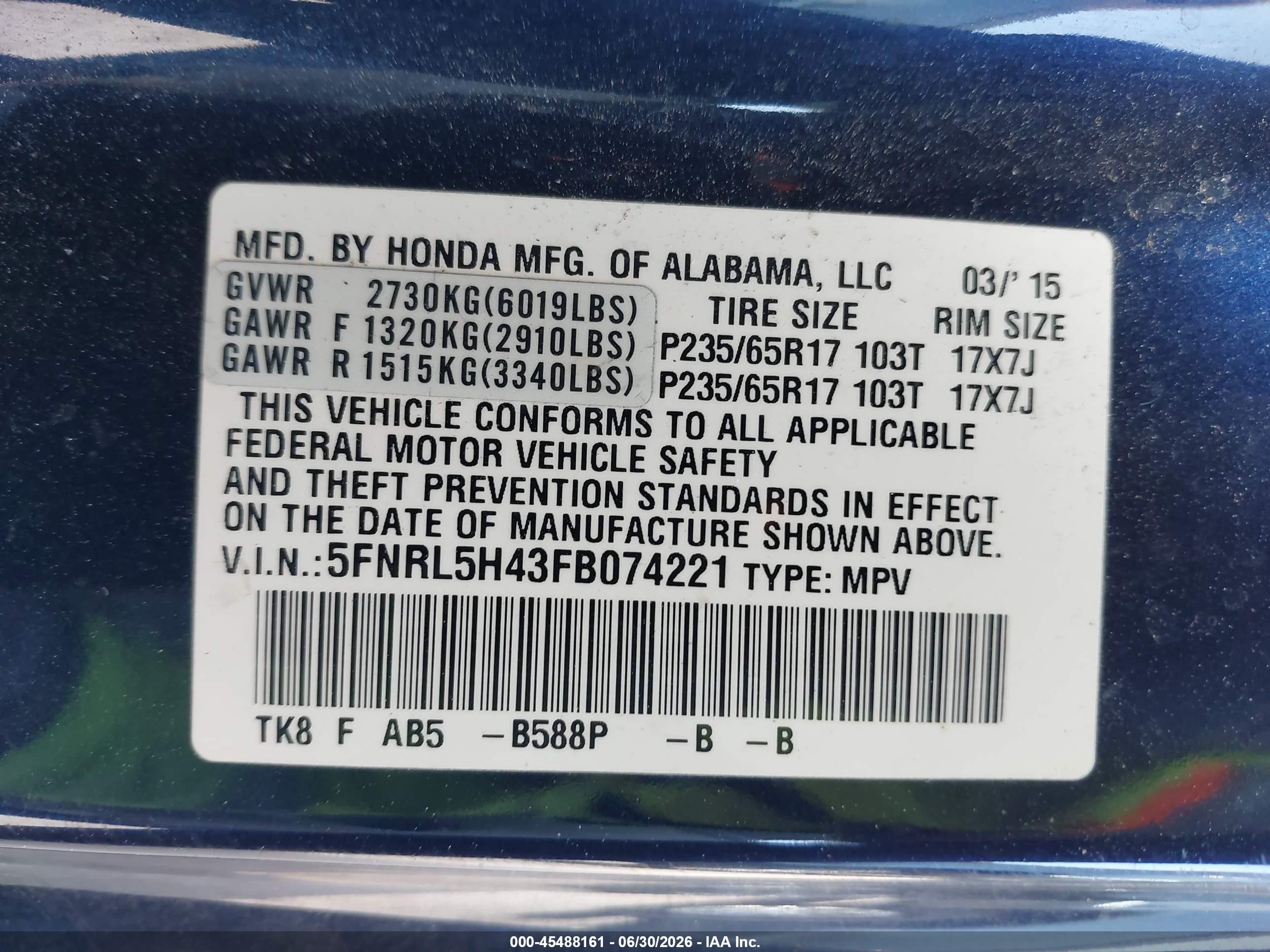 2015 Honda Odyssey Ex Dark Blue vin: 5FNRL5H43FB074221
