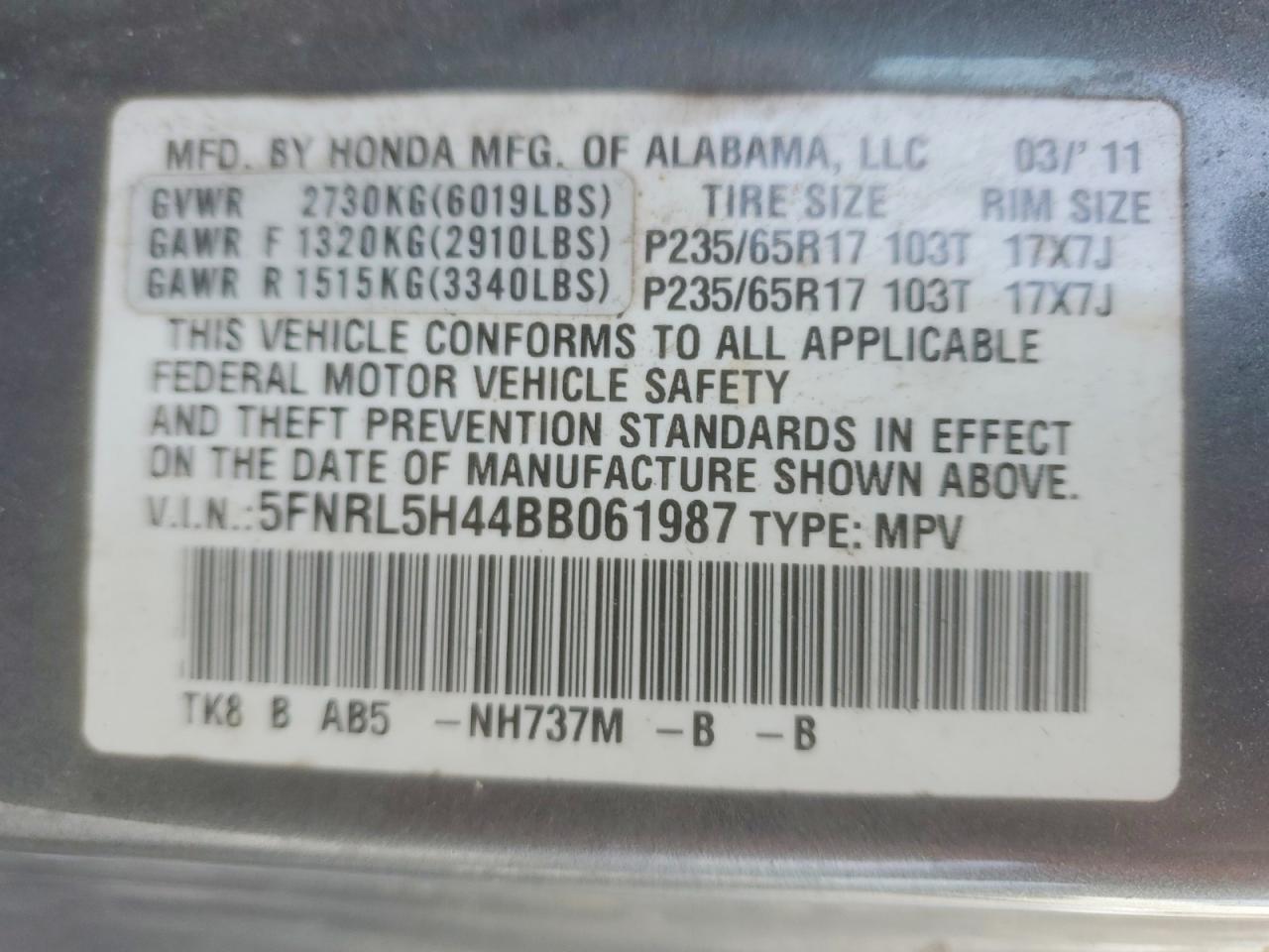 2011 Honda Oddesey Gray vin: 5FNRL5H44BB061987