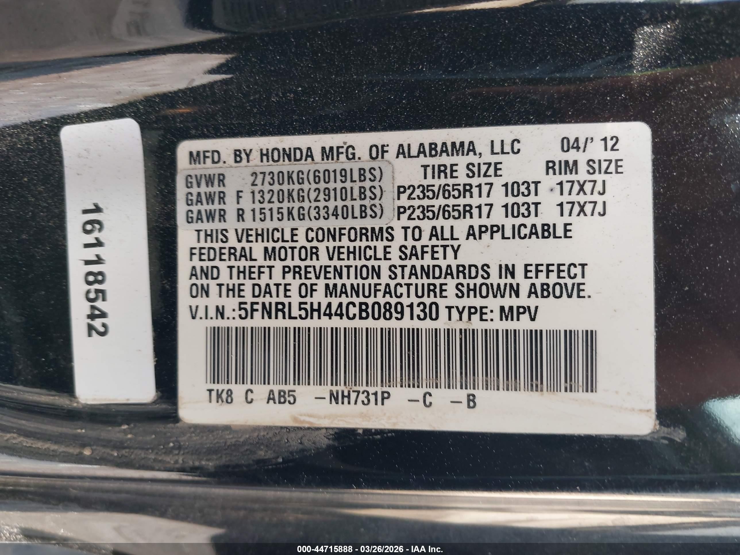 2012 Honda Odyssey Ex Black vin: 5FNRL5H44CB089130