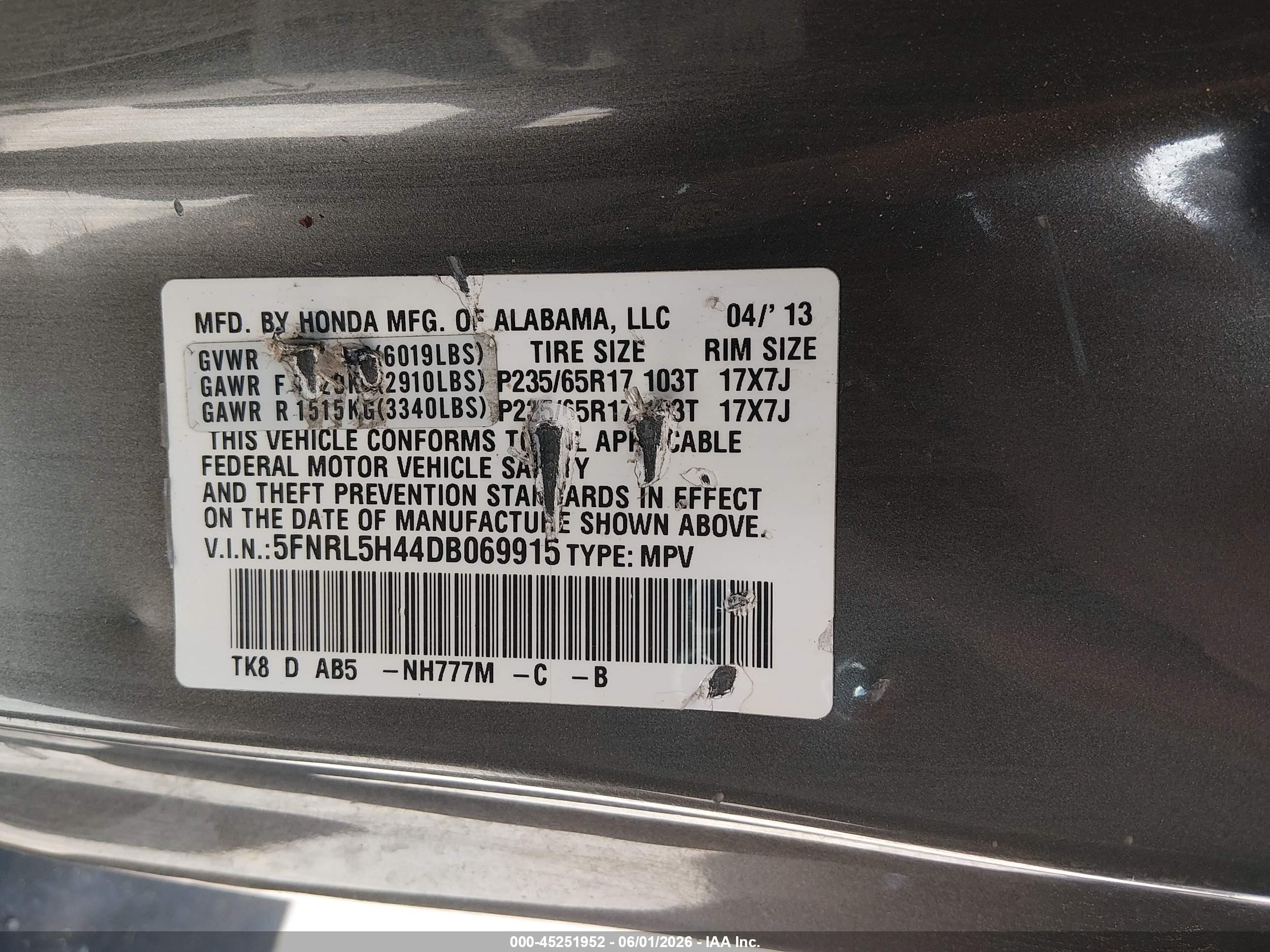 2013 Honda Odyssey Ex Gray vin: 5FNRL5H44DB069915