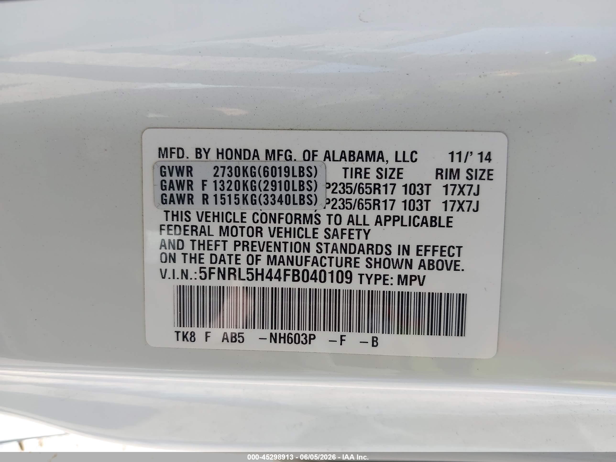 2015 Honda Odyssey Ex White vin: 5FNRL5H44FB040109