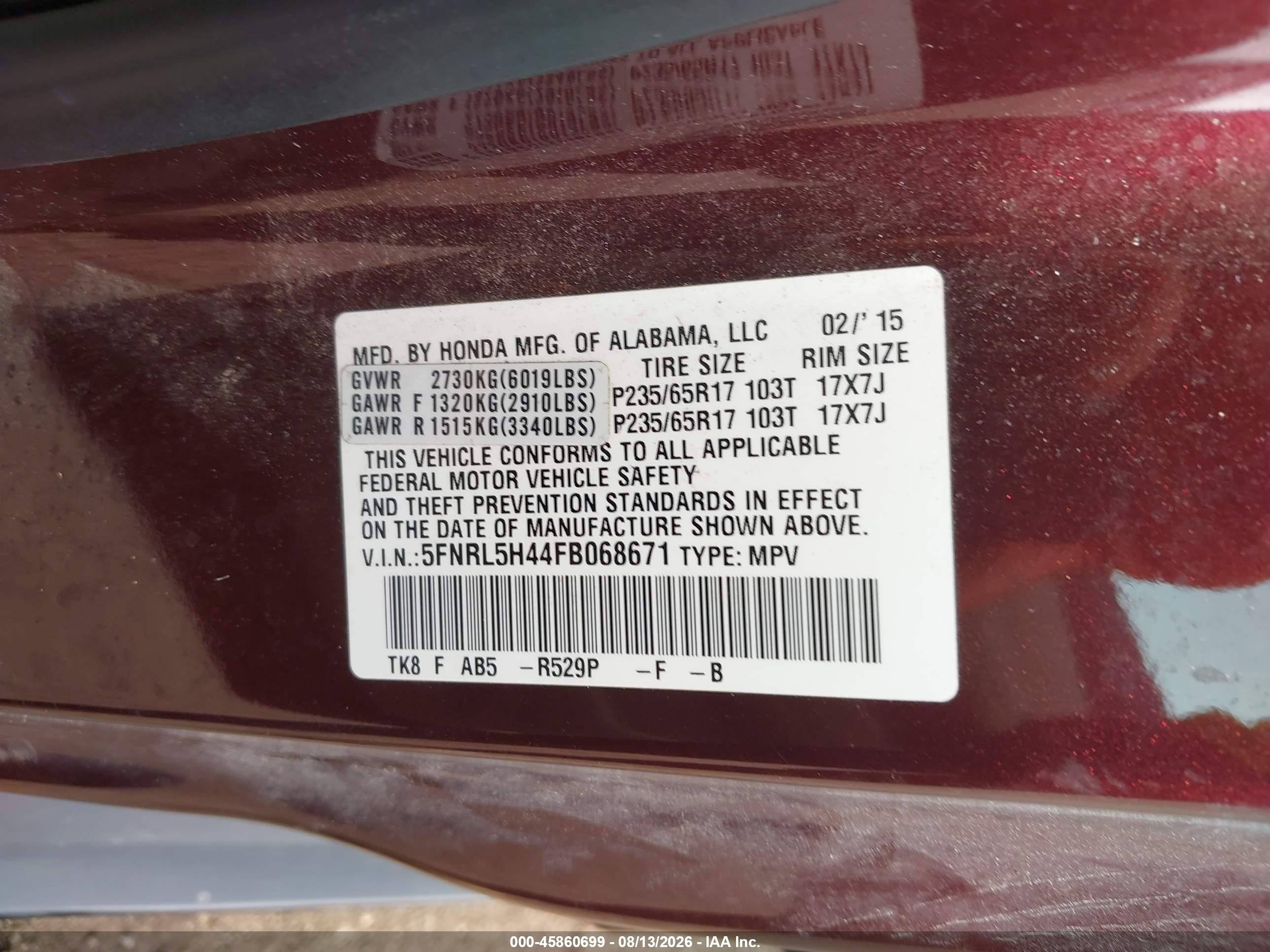 2015 Honda Odyssey Ex Burgundy vin: 5FNRL5H44FB068671