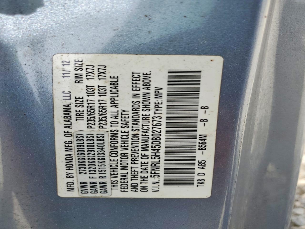 2013 Honda Odyssey Ex Blue vin: 5FNRL5H45DB027673