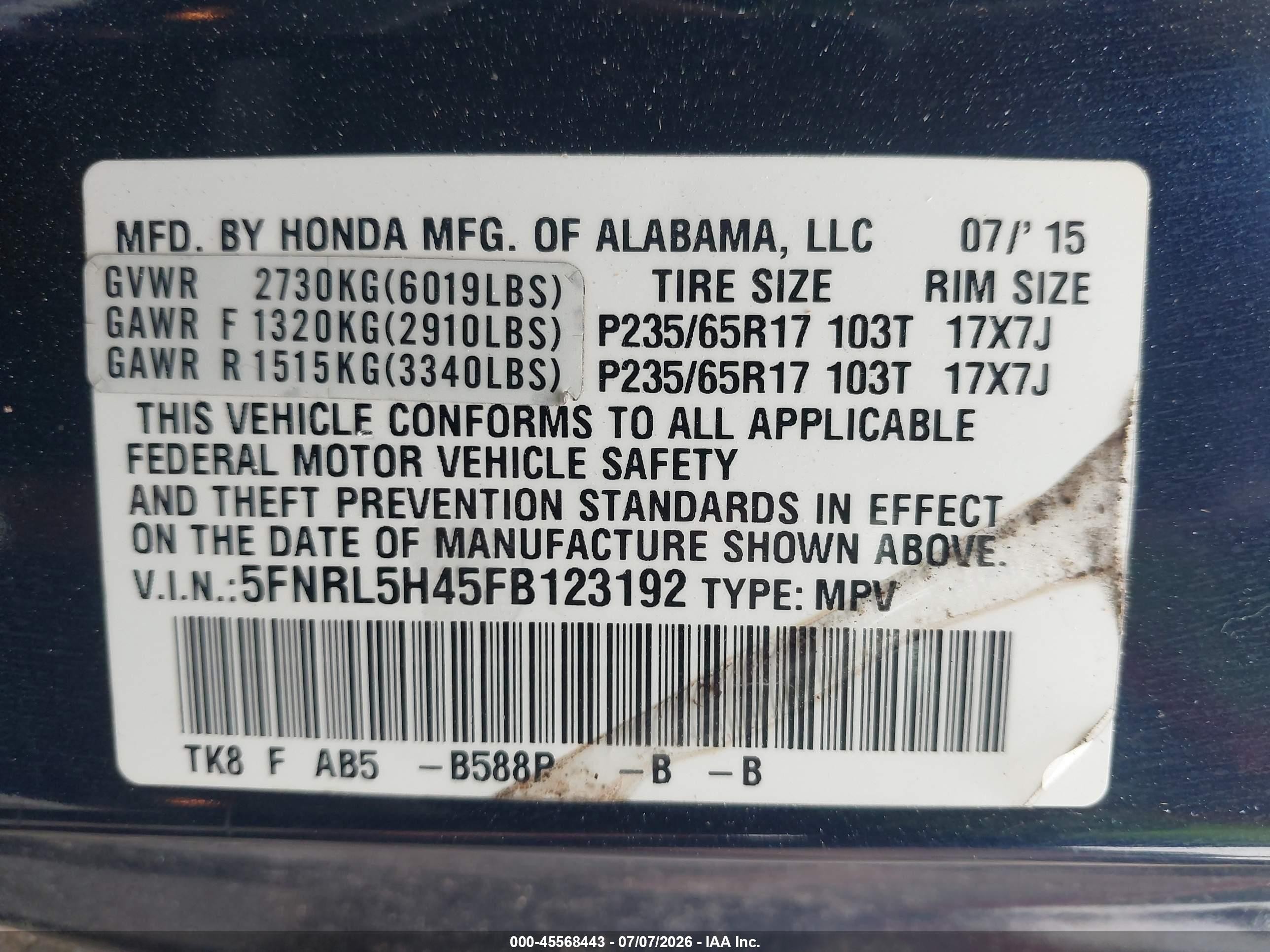 2015 Honda Odyssey Ex Blue vin: 5FNRL5H45FB123192