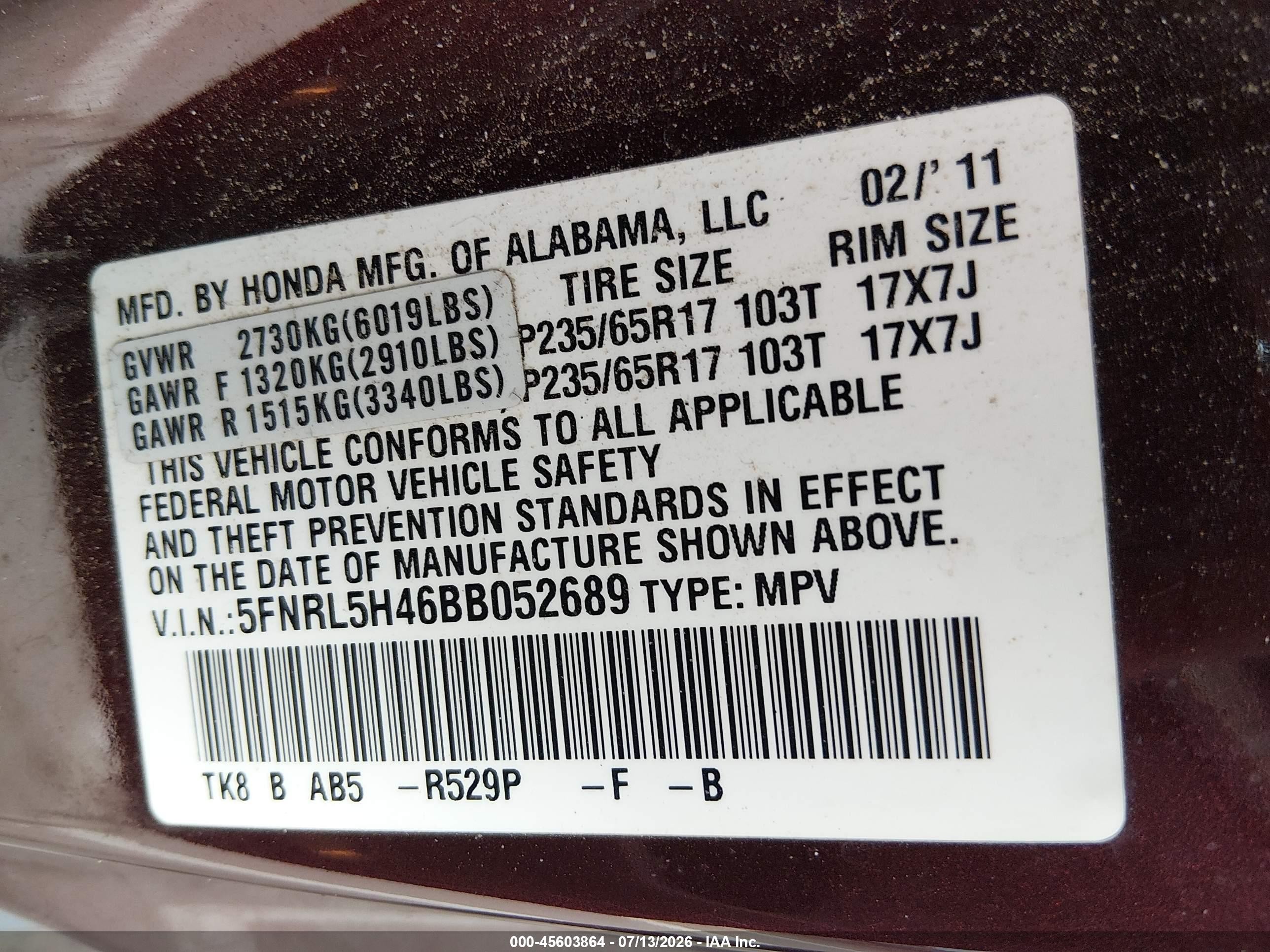 2011 Honda Odyssey Ex Burgundy vin: 5FNRL5H46BB052689