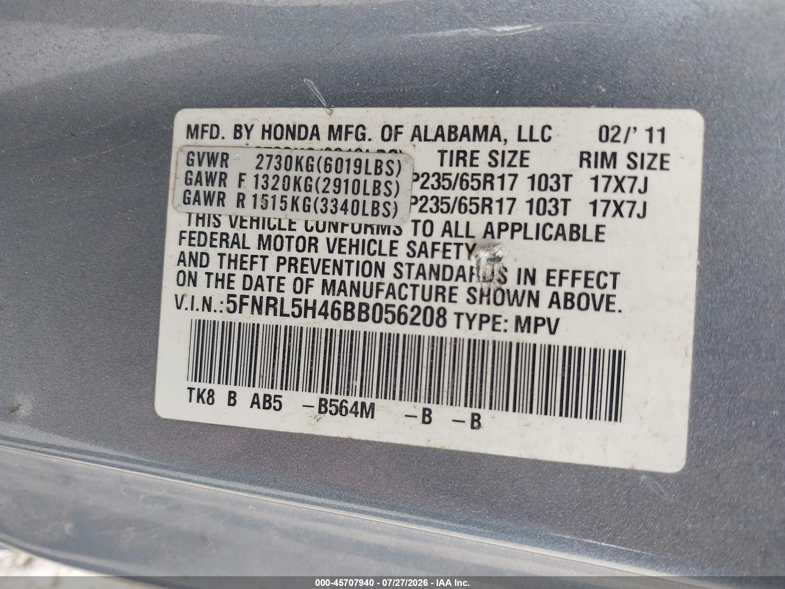 2011 Honda Odyssey Ex Blue vin: 5FNRL5H46BB056208