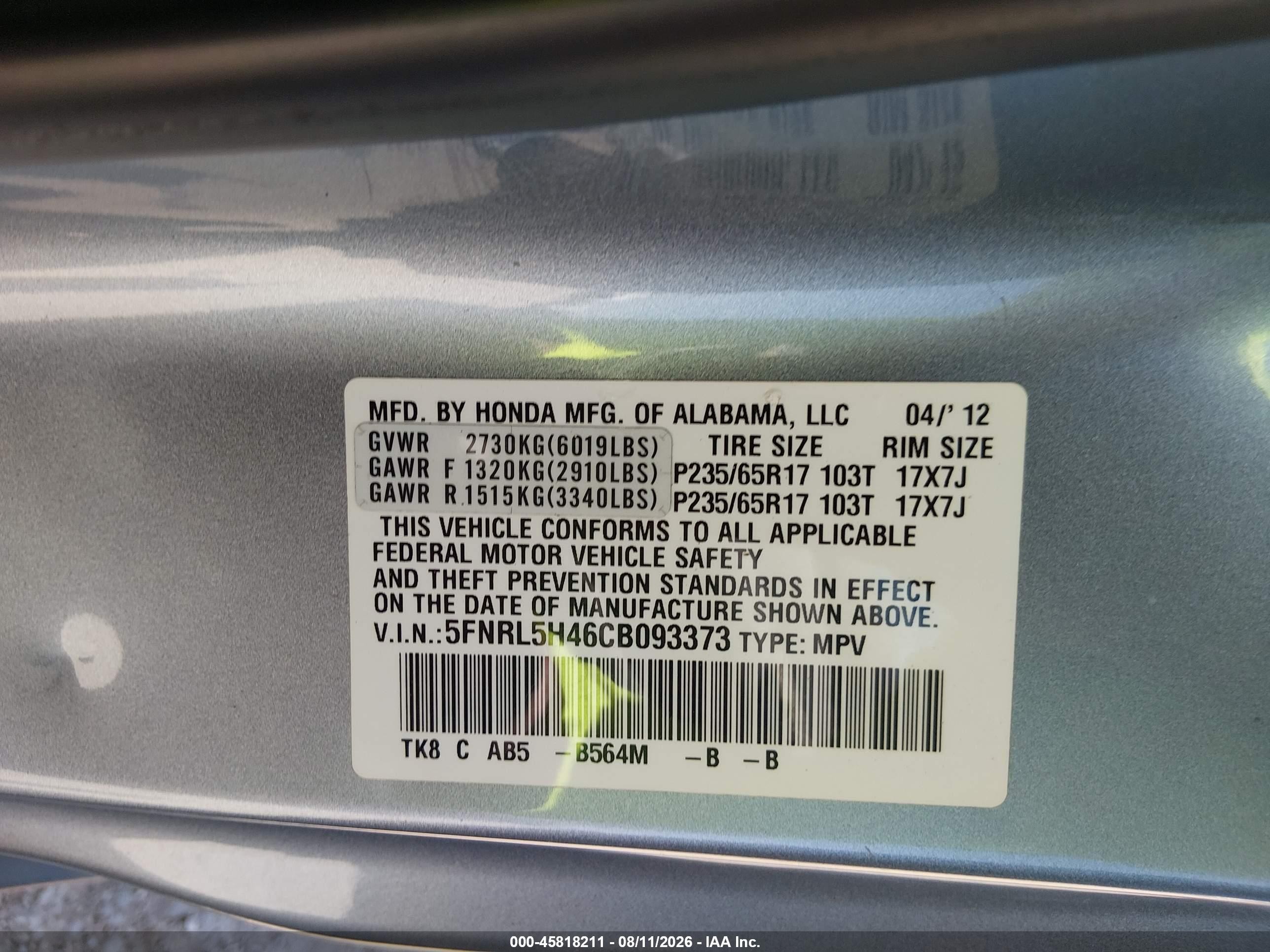 2012 Honda Odyssey Ex Silver vin: 5FNRL5H46CB093373