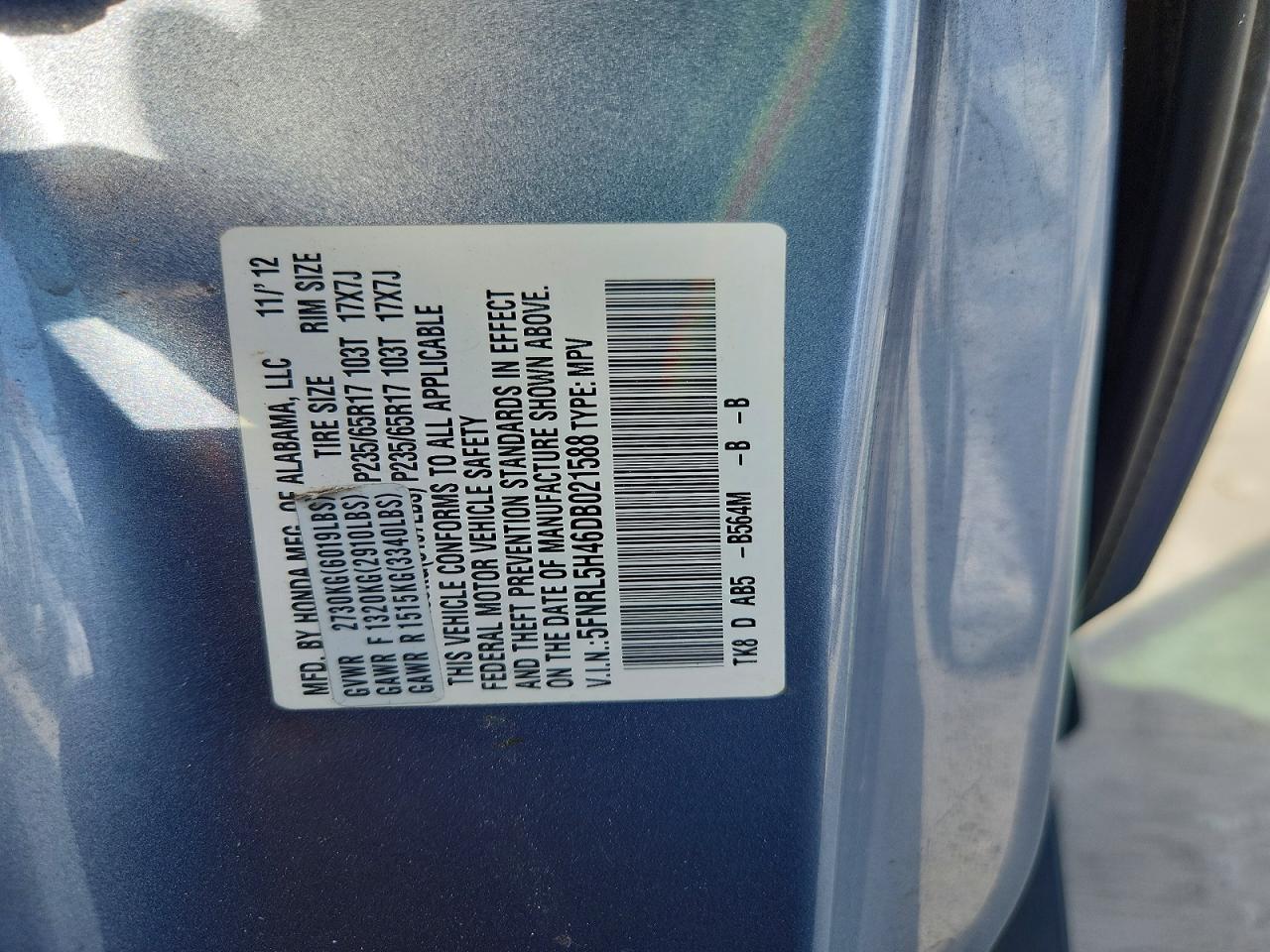 2013 Honda Odyssey Ex Blue vin: 5FNRL5H46DB021588