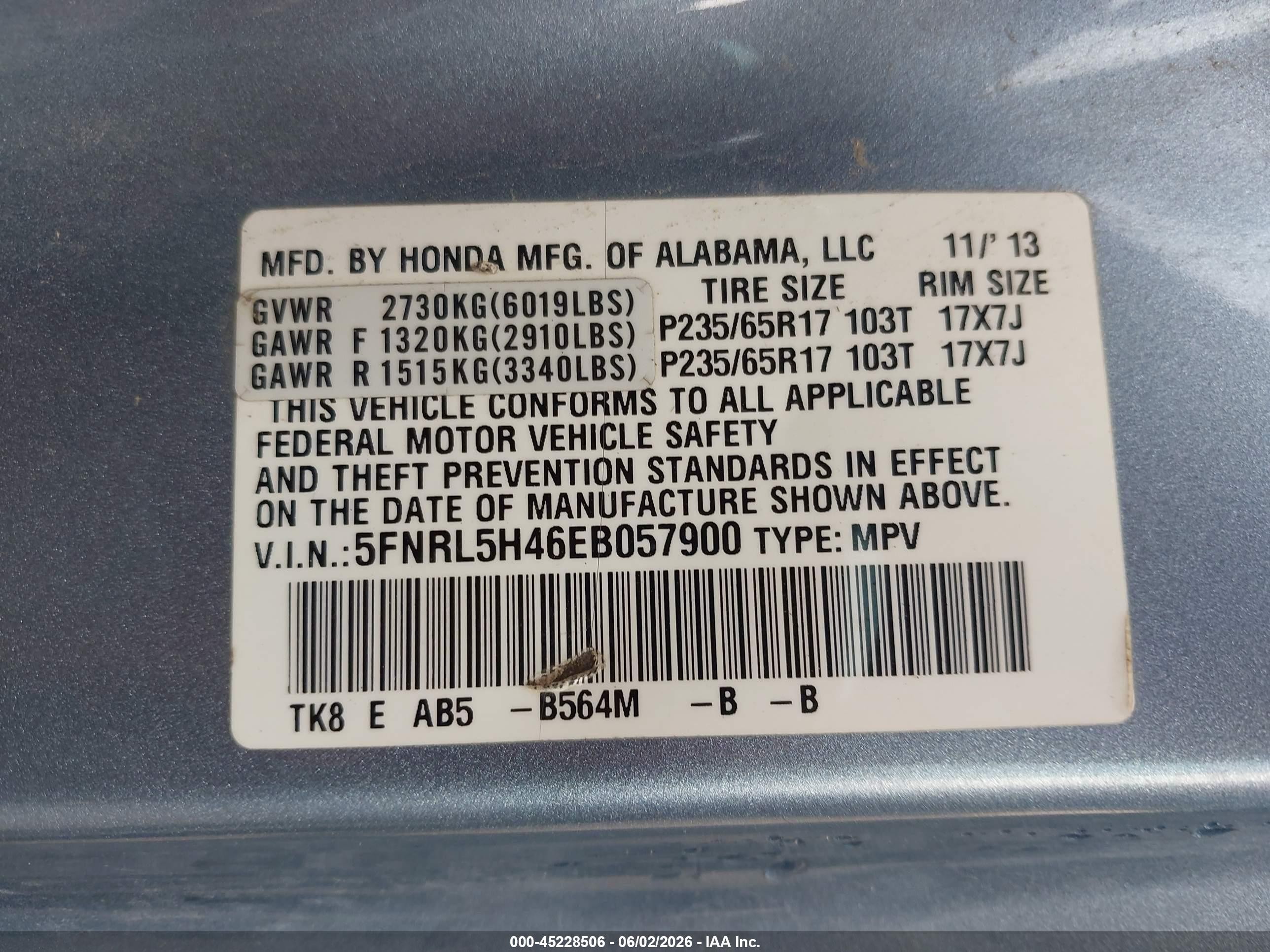 2014 Honda Odyssey Ex Blue vin: 5FNRL5H46EB057900