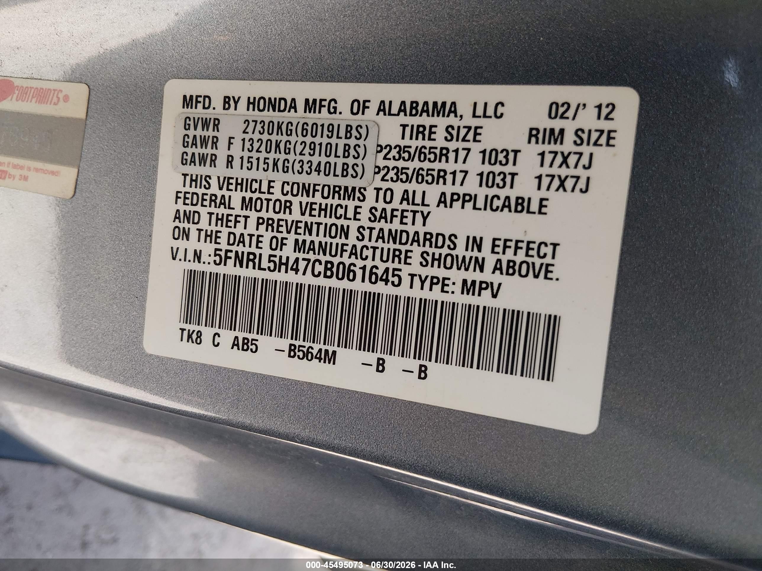 2012 Honda Odyssey Ex Black vin: 5FNRL5H47CB061645