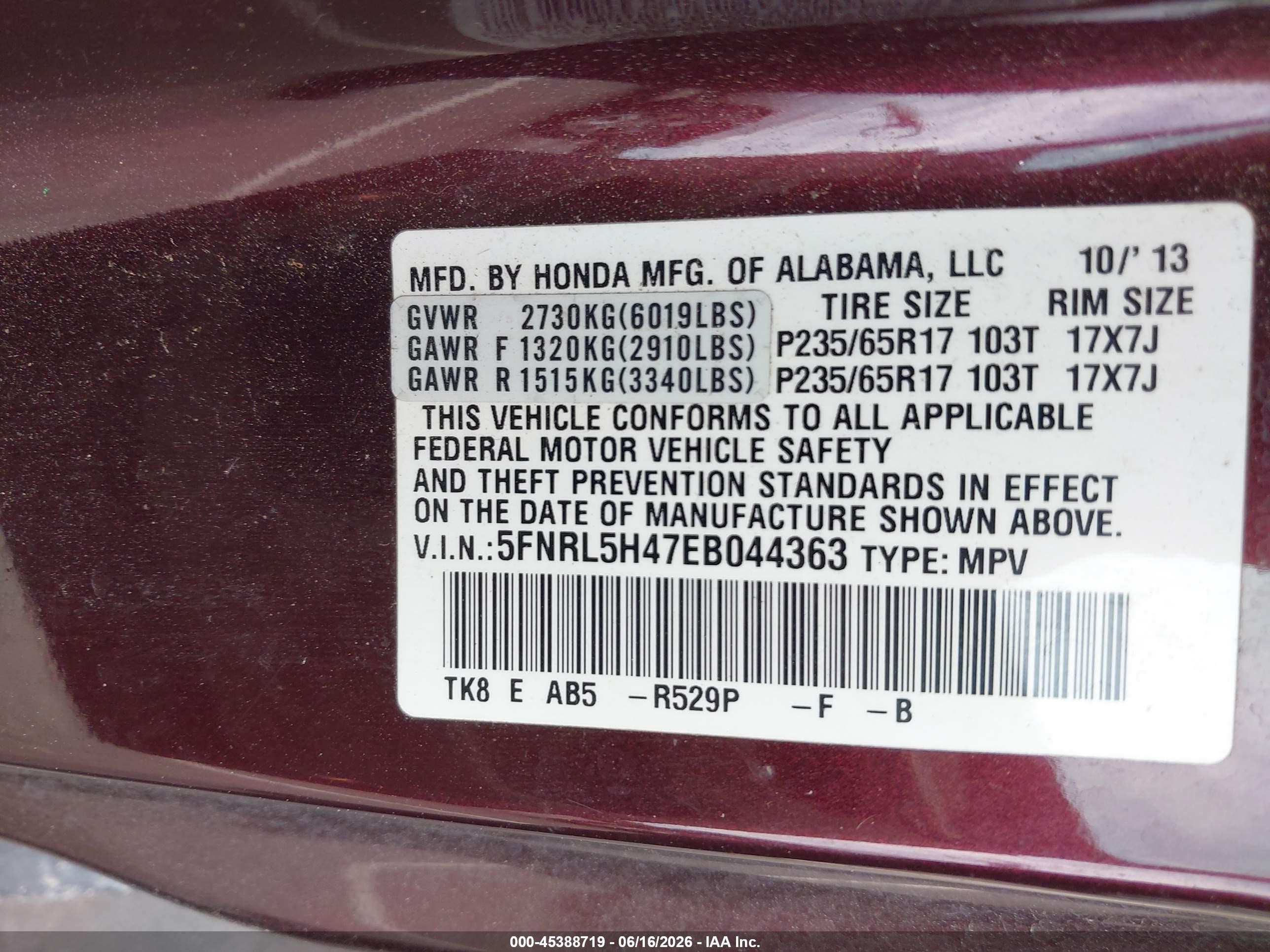 2014 Honda Odyssey Ex Maroon vin: 5FNRL5H47EB044363