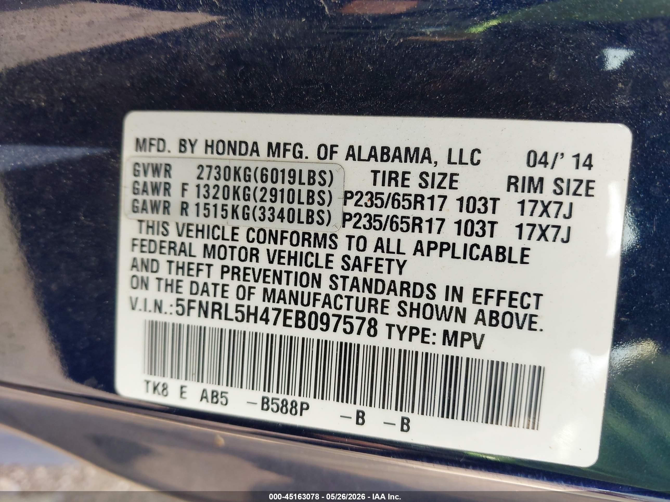 2014 Honda Odyssey Ex Navy vin: 5FNRL5H47EB097578