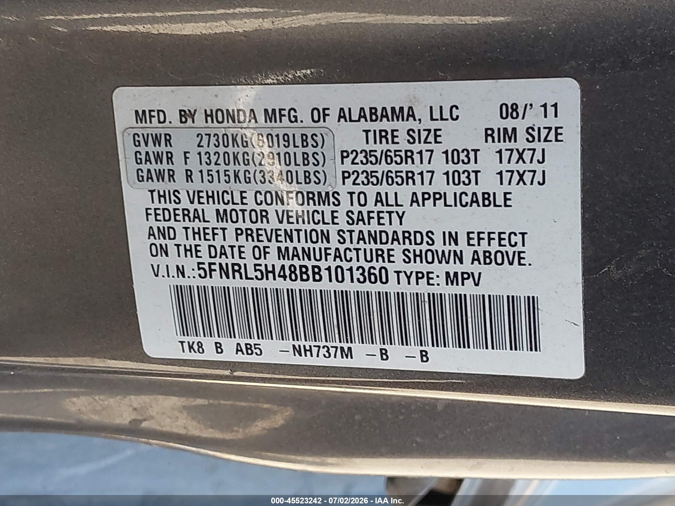 2011 Honda Odyssey Ex Gray vin: 5FNRL5H48BB101360