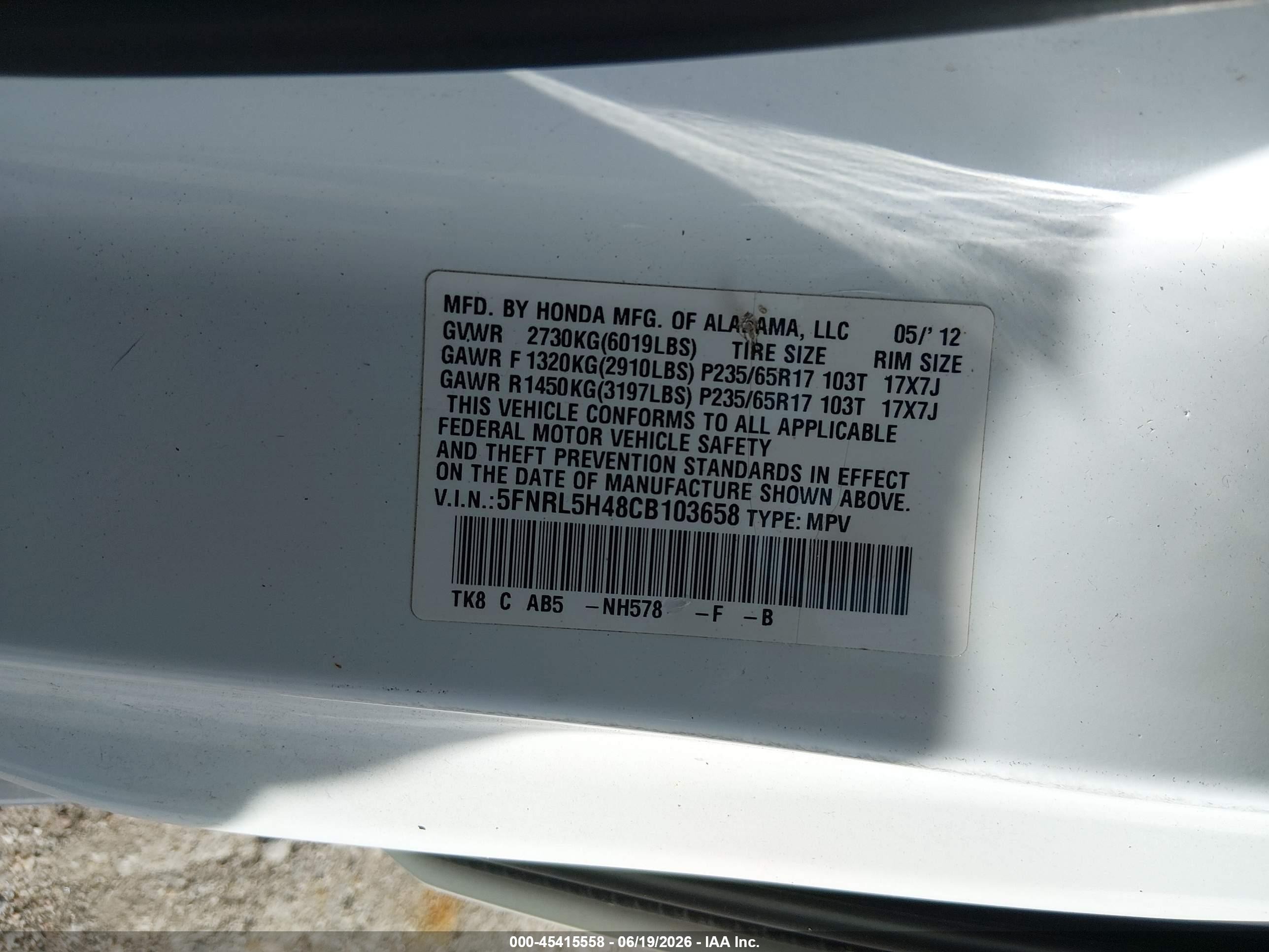2012 Honda Odyssey Ex White vin: 5FNRL5H48CB103658