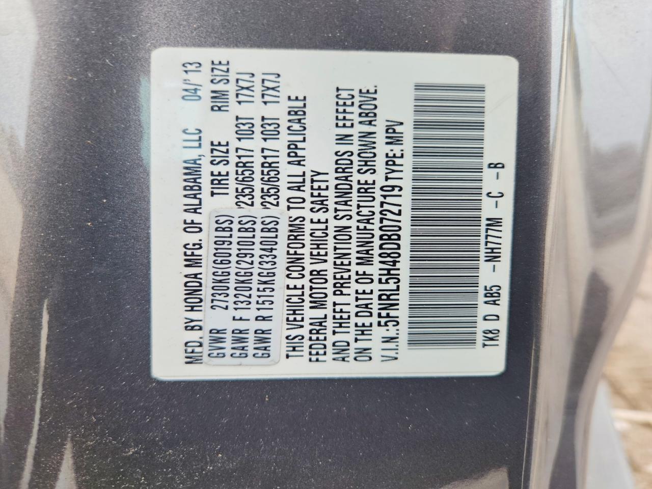 2013 Honda Odyssey Ex Gray vin: 5FNRL5H48DB072719