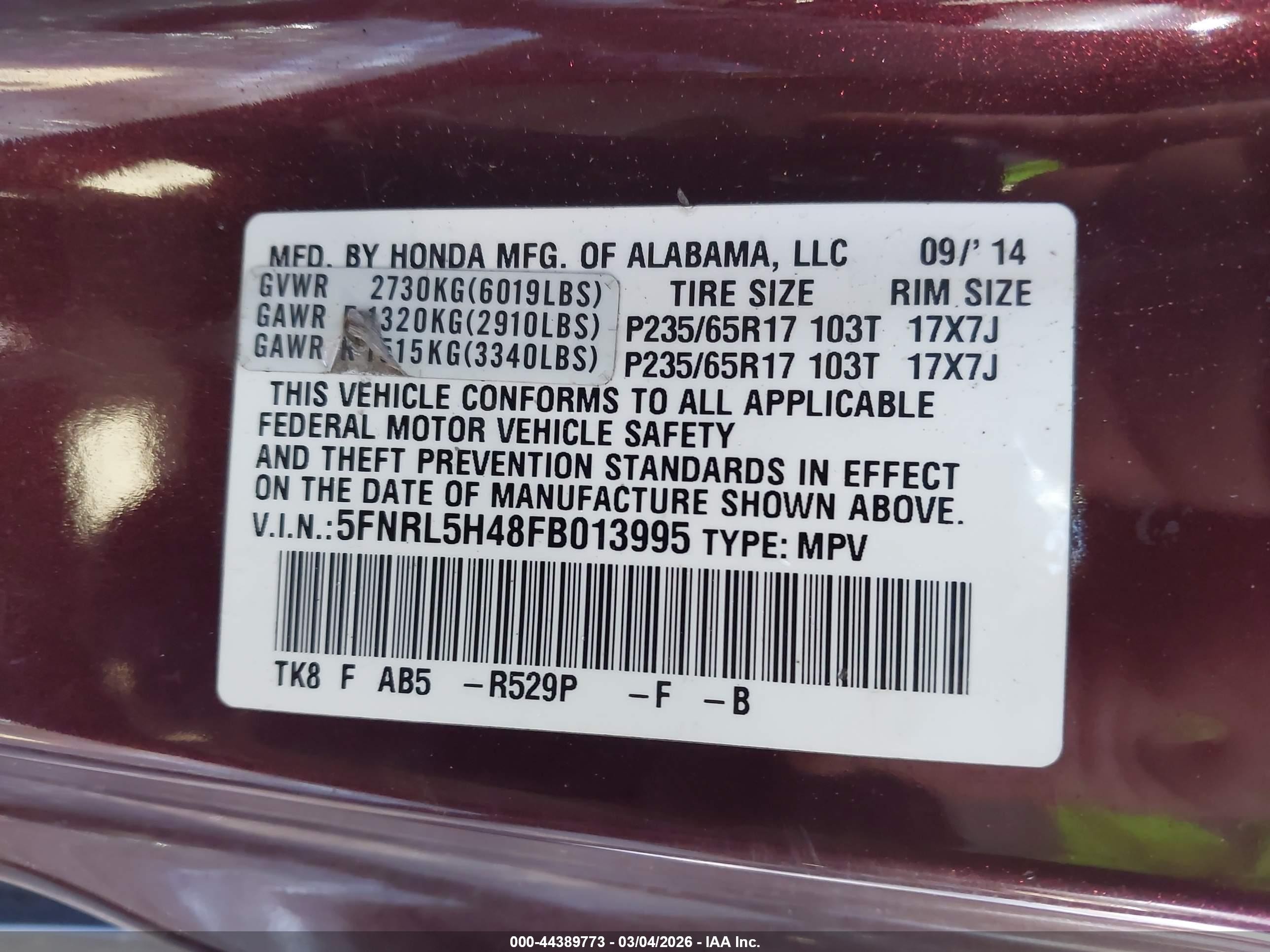 2015 Honda Odyssey Ex Purple vin: 5FNRL5H48FB013995