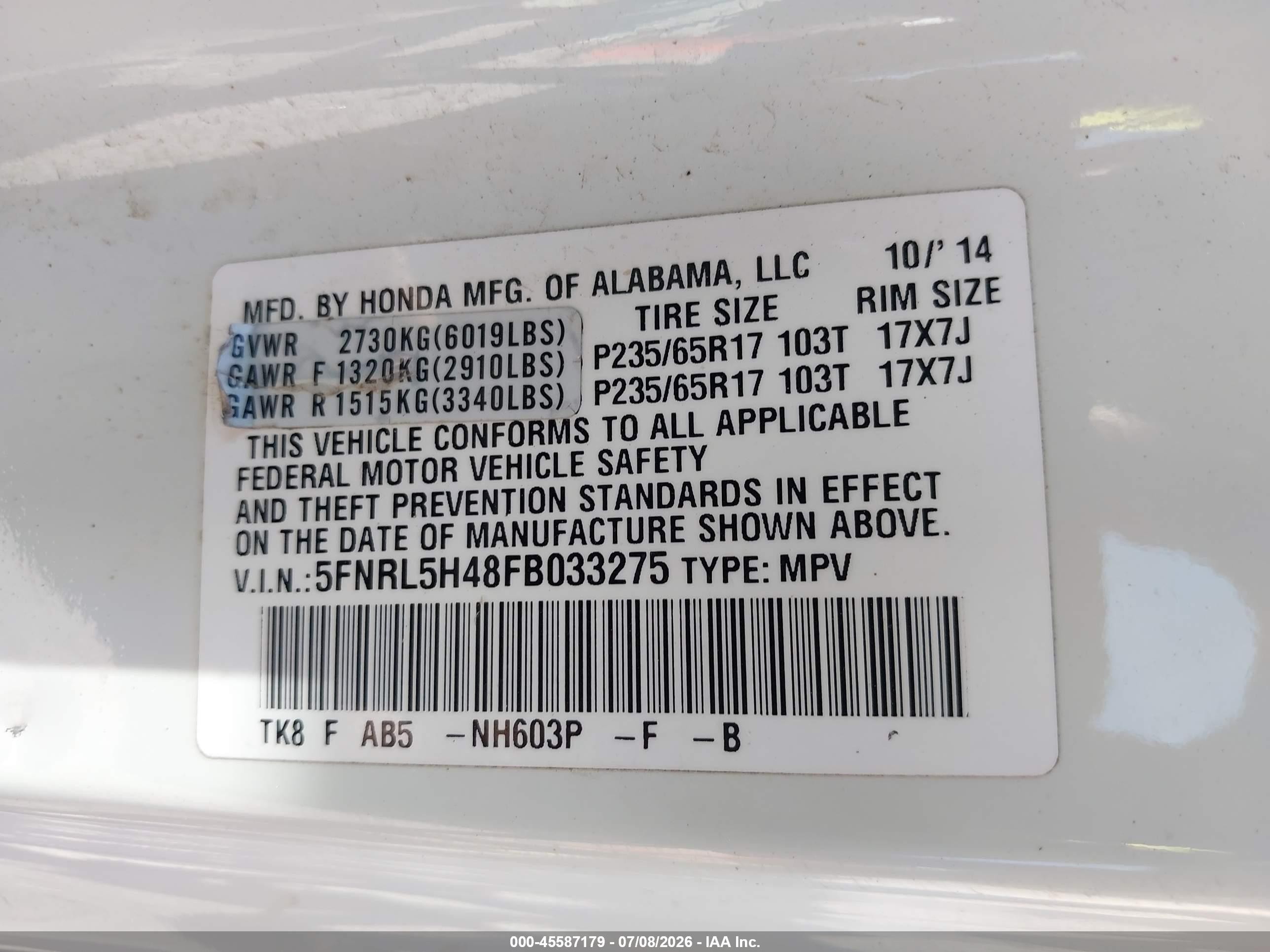 2015 Honda Odyssey Ex White vin: 5FNRL5H48FB033275