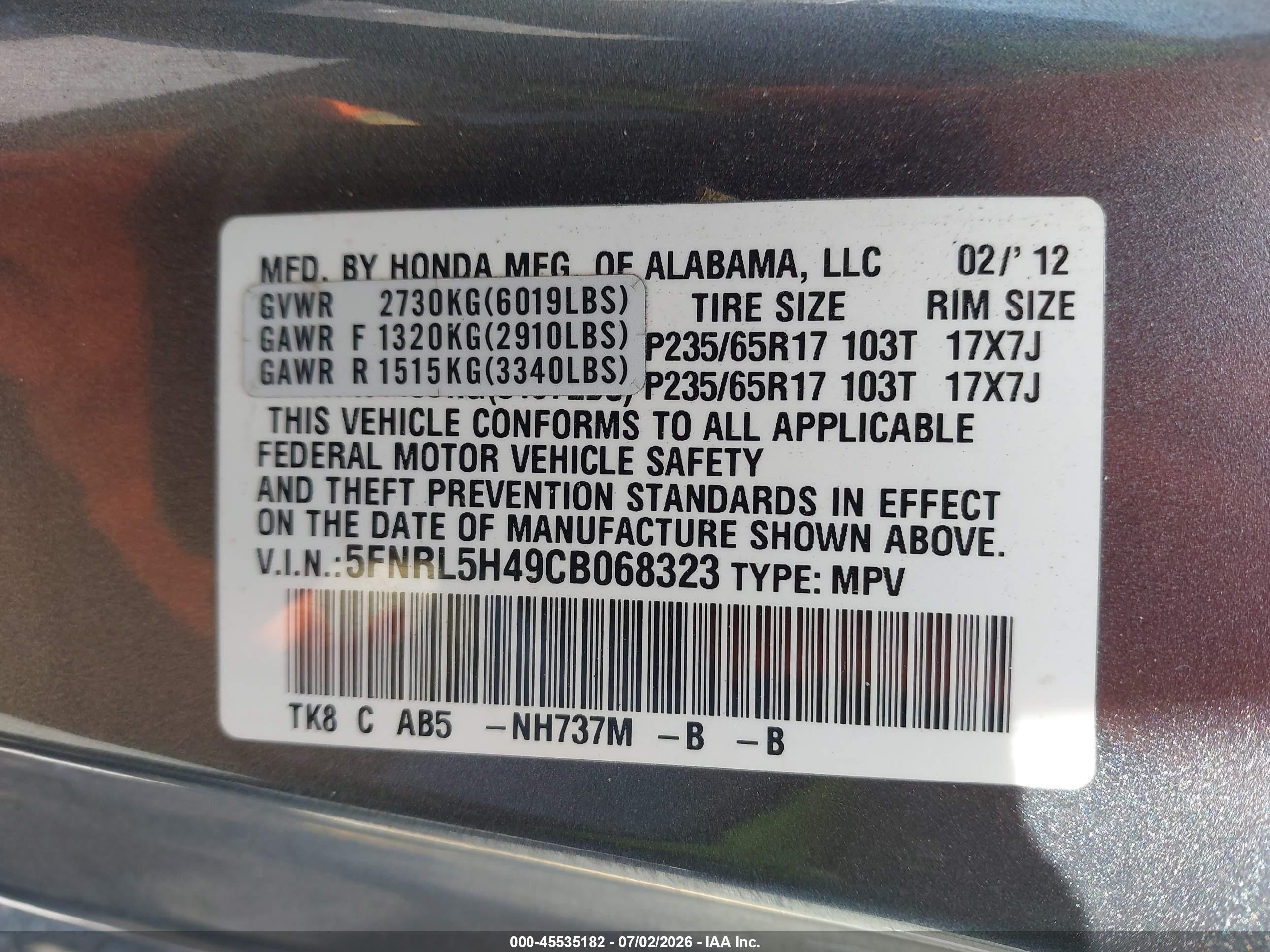 2012 Honda Odyssey Ex Gray vin: 5FNRL5H49CB068323