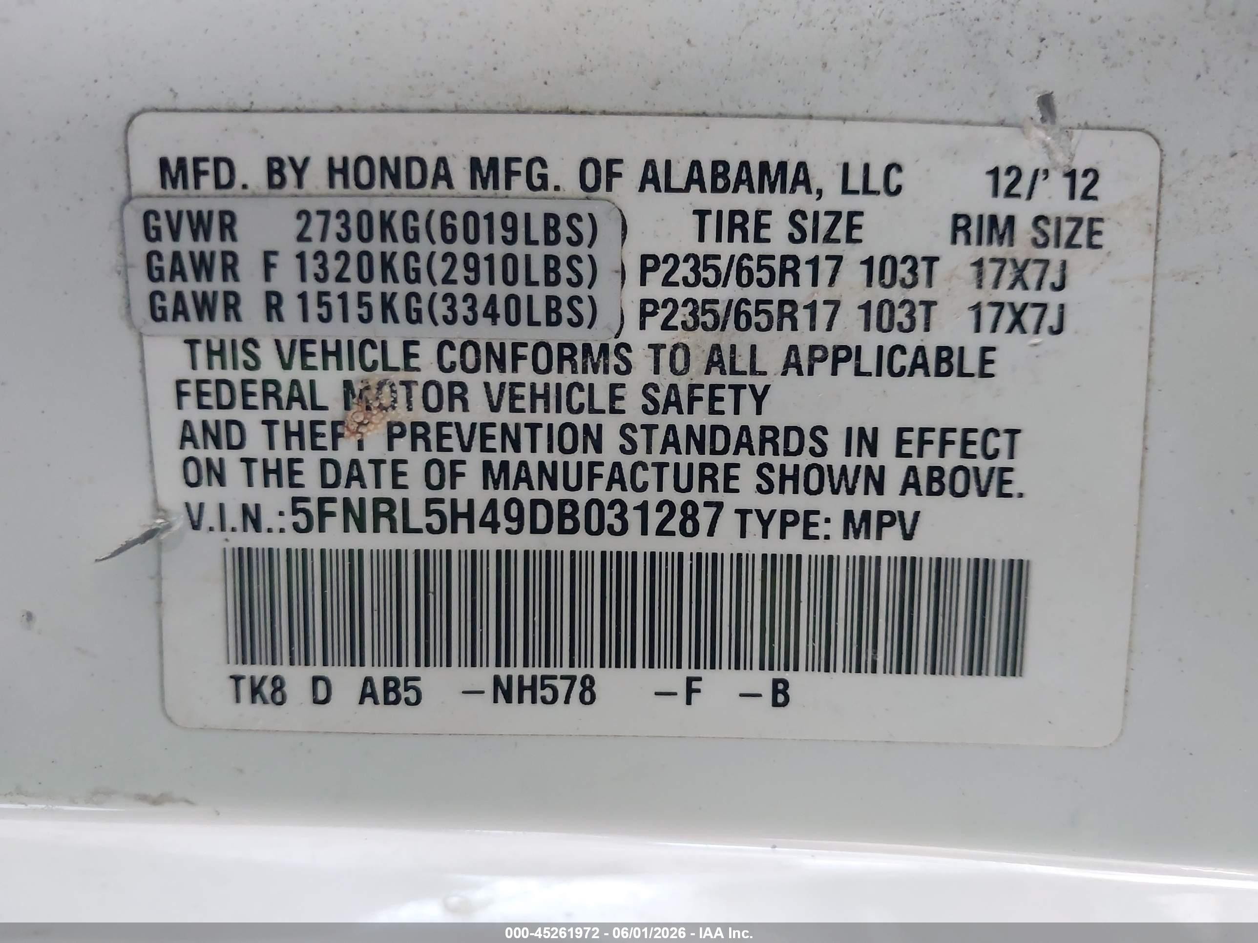 2013 Honda Odyssey Ex White vin: 5FNRL5H49DB031287