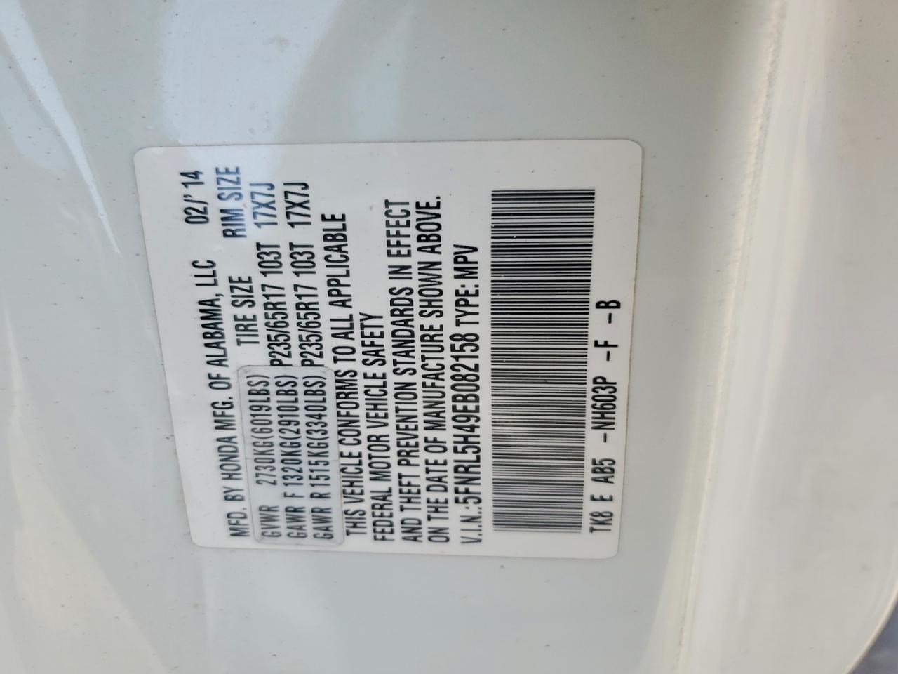 2014 Honda Odyssey White vin: 5FNRL5H49EB082158
