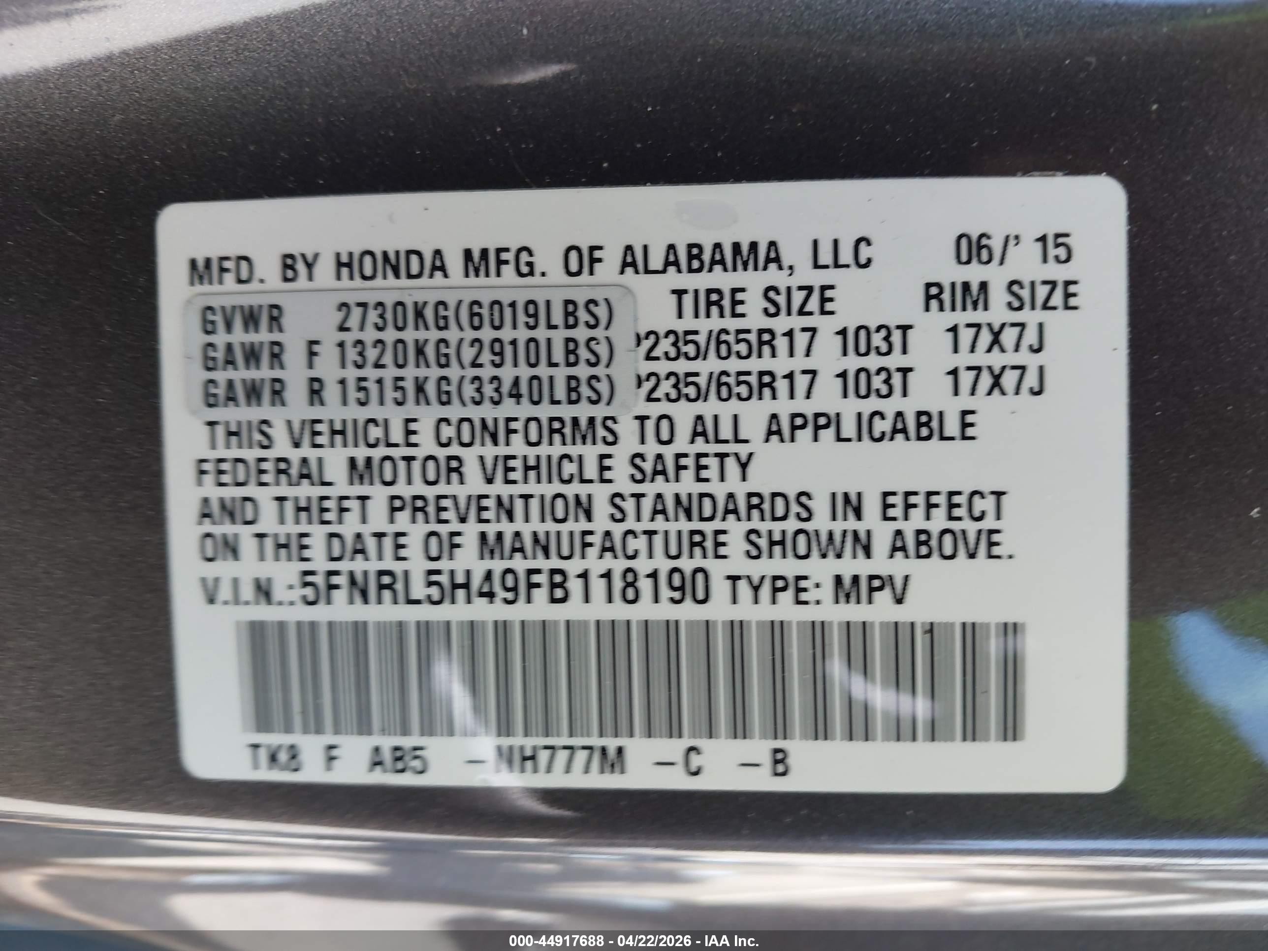 2015 Honda Odyssey Ex Gray vin: 5FNRL5H49FB118190
