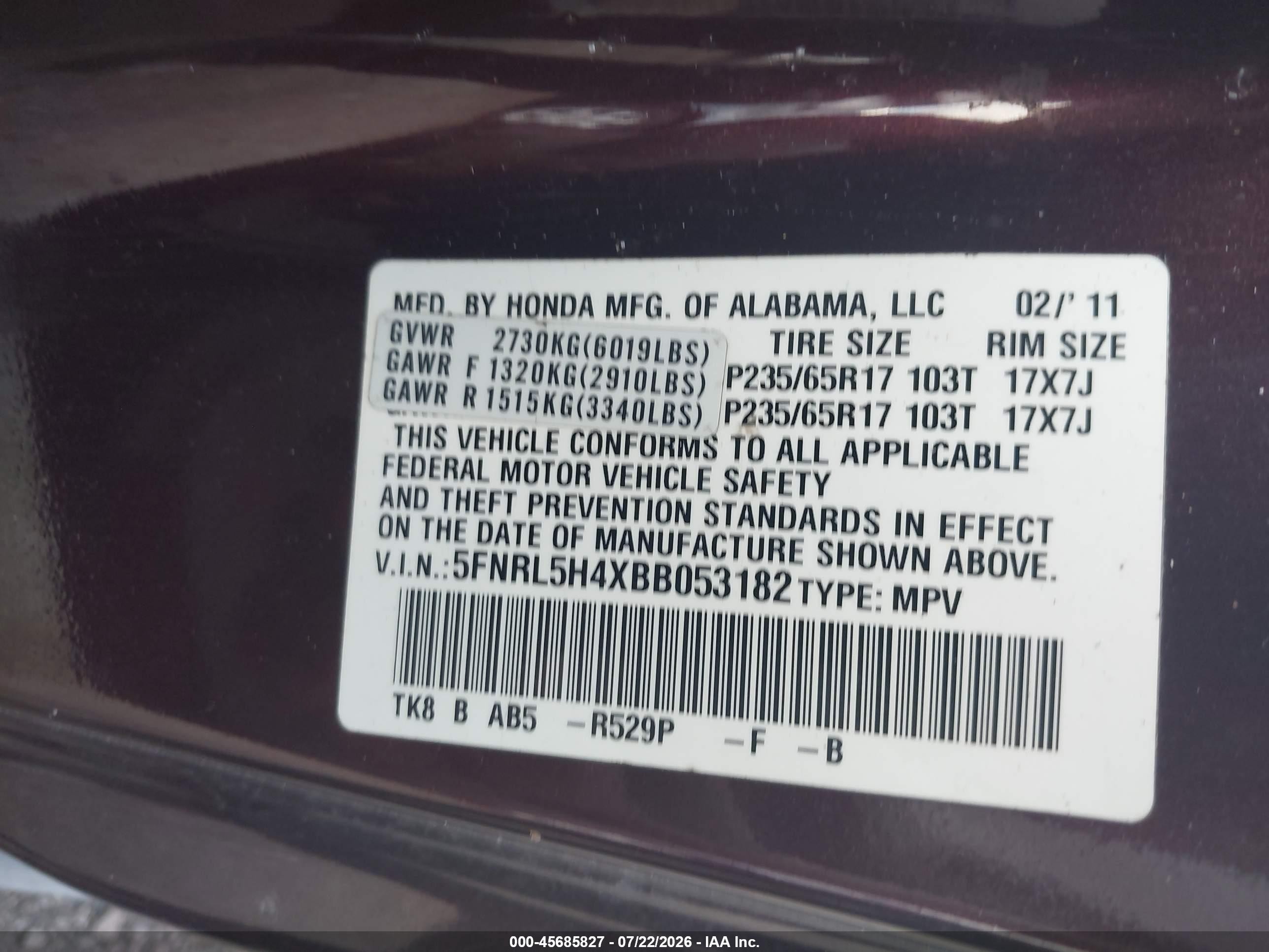 2011 Honda Odyssey Ex Maroon vin: 5FNRL5H4XBB053182