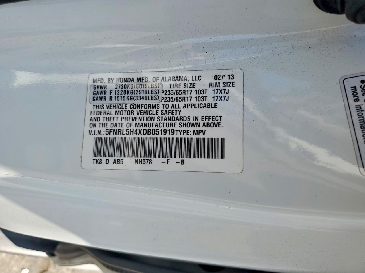2013 Honda Odyssey Ex White vin: 5FNRL5H4XDB051919