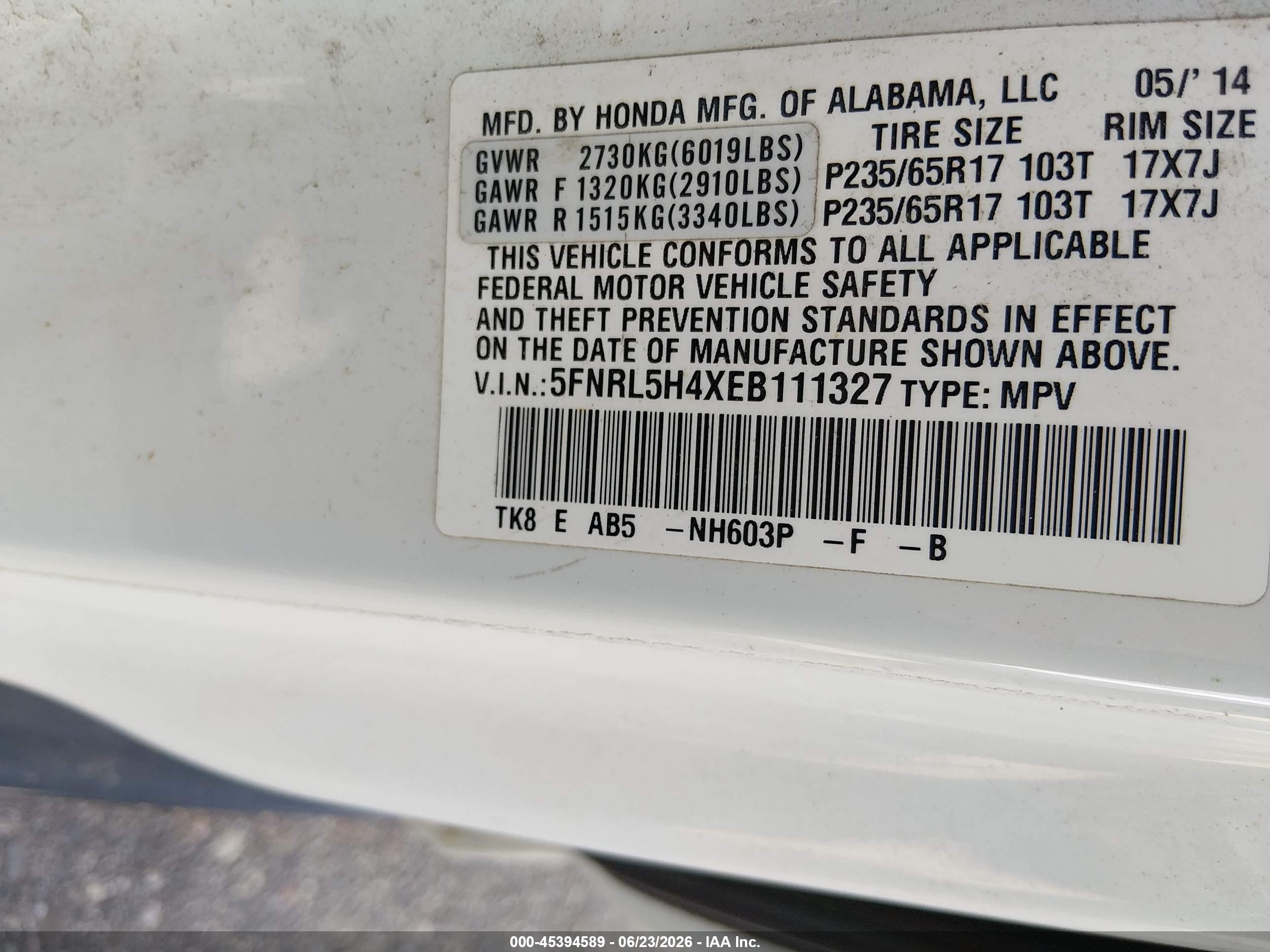 2014 Honda Odyssey Ex White vin: 5FNRL5H4XEB111327