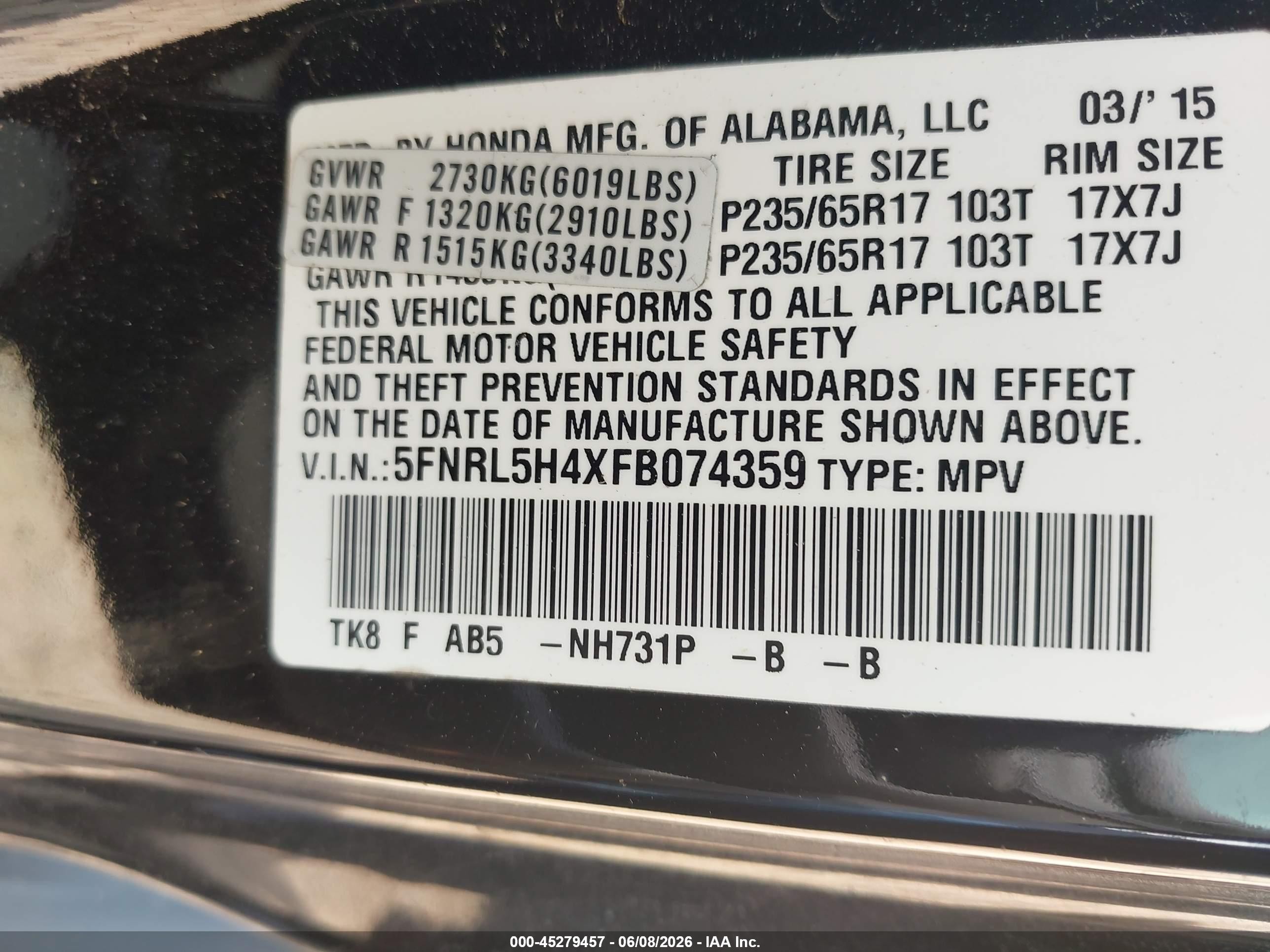2015 Honda Odyssey Ex Black vin: 5FNRL5H4XFB074359