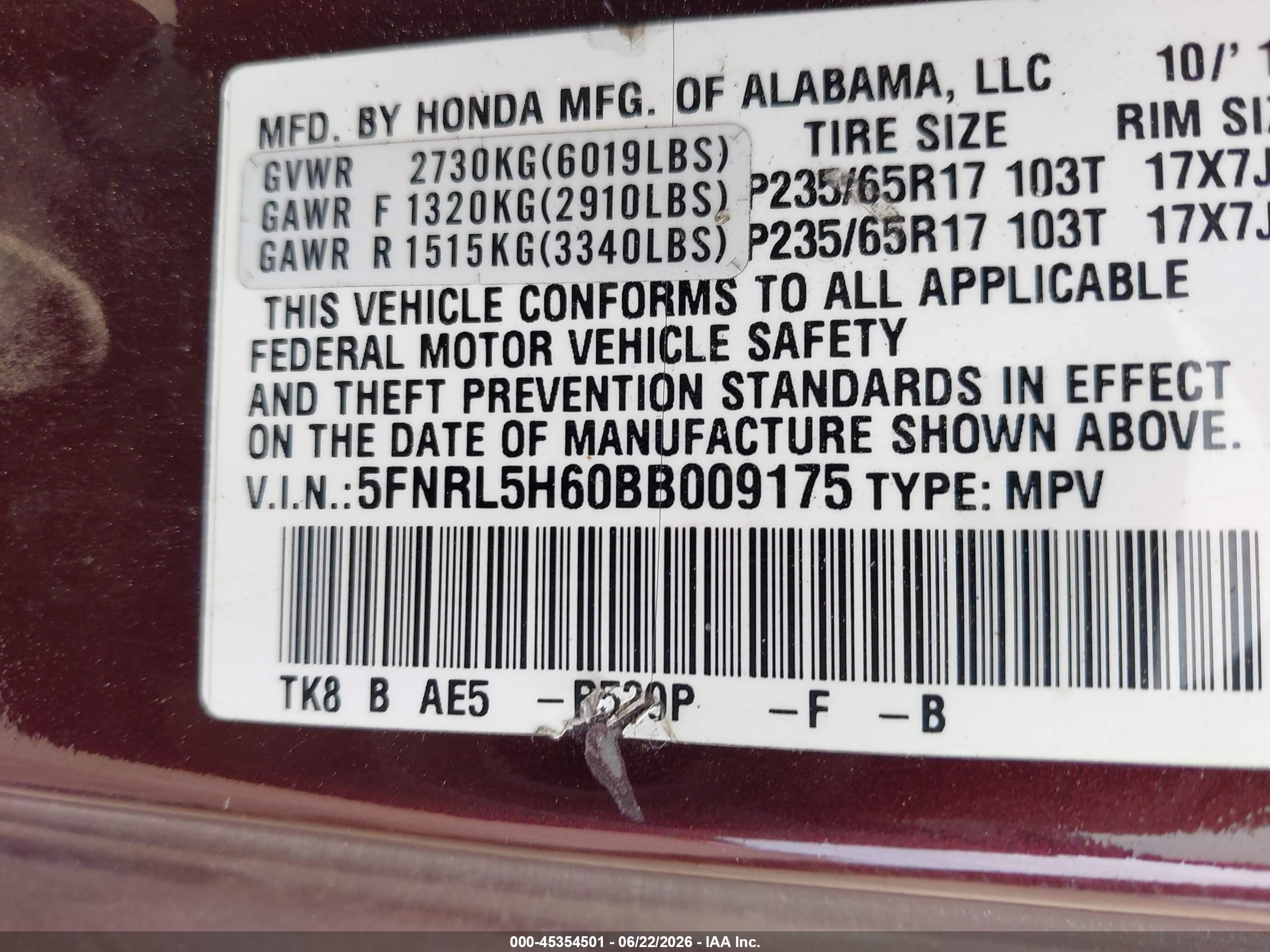 2011 Honda Odyssey Ex-l Maroon vin: 5FNRL5H60BB009175