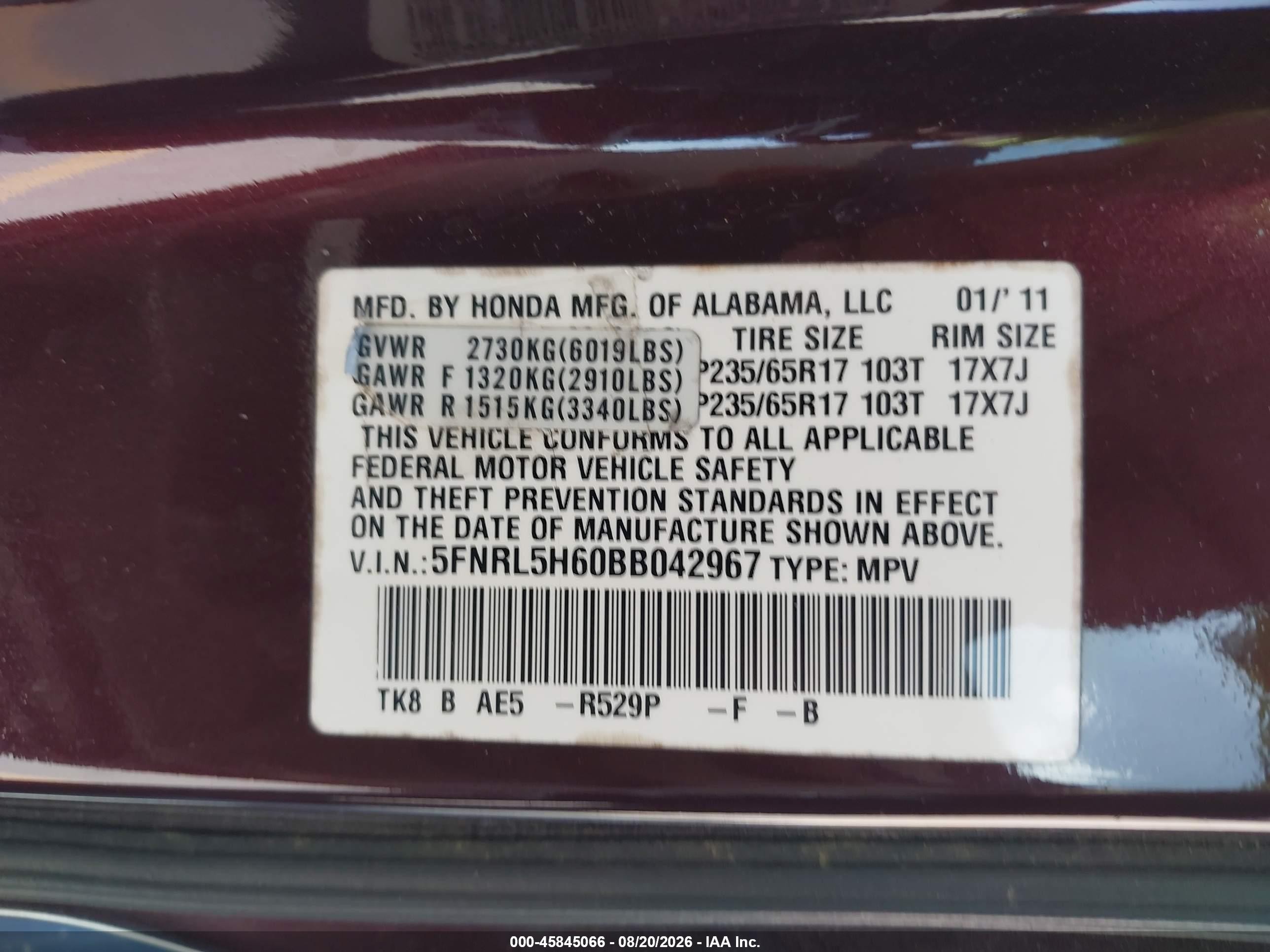 2011 Honda Odyssey Ex-l Maroon vin: 5FNRL5H60BB042967