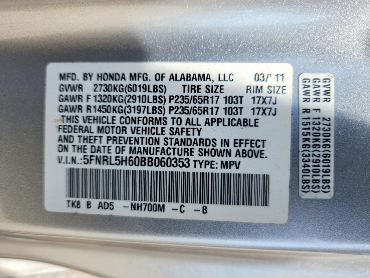 2011 Honda Odyssey Exl Silver vin: 5FNRL5H60BB060353