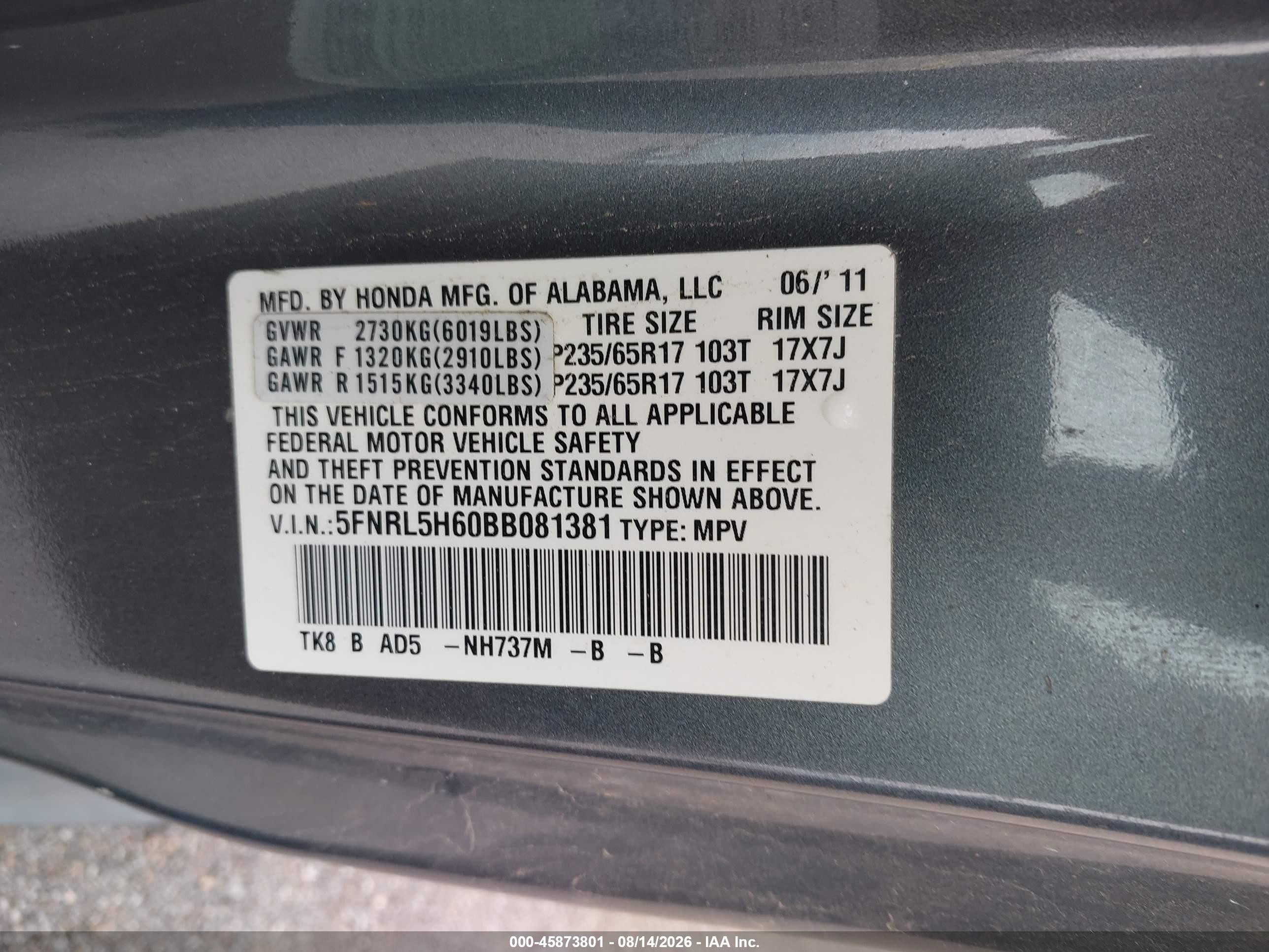 2011 Honda Odyssey Ex-l Gray vin: 5FNRL5H60BB081381
