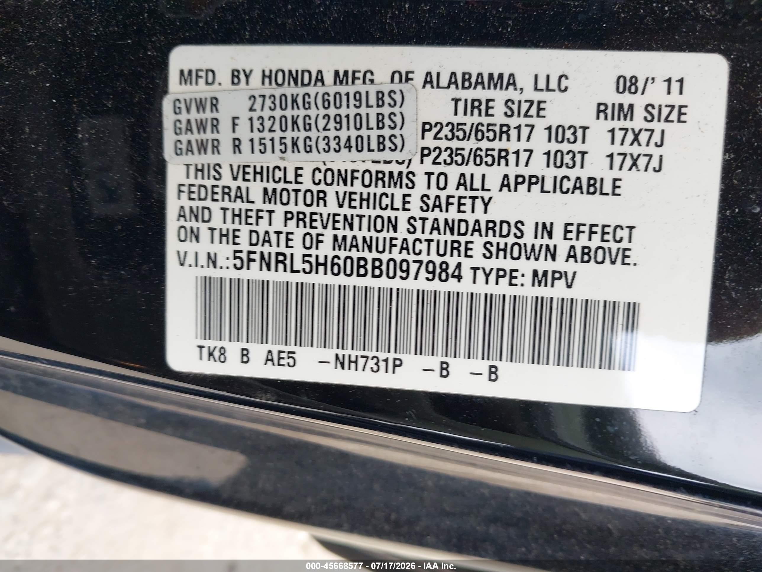 2011 Honda Odyssey Ex-l Black vin: 5FNRL5H60BB097984