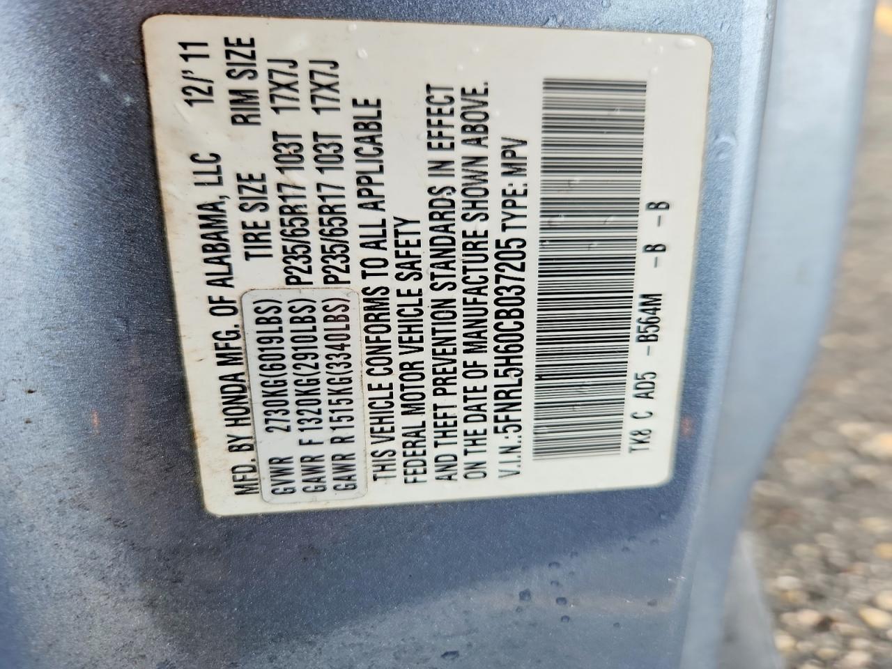 2012 Honda Odyssey Exl Blue vin: 5FNRL5H60CB037205
