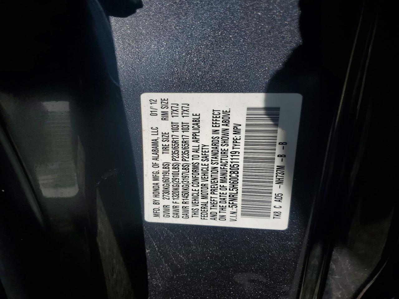 2012 Honda Odyssey Exl Gray vin: 5FNRL5H60CB051119