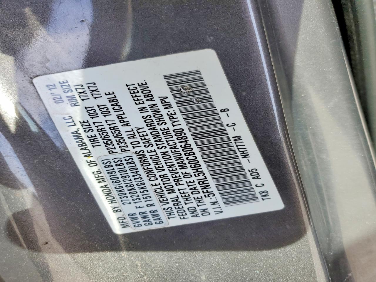 2012 Honda Odyssey Exl Charcoal vin: 5FNRL5H60CB064890