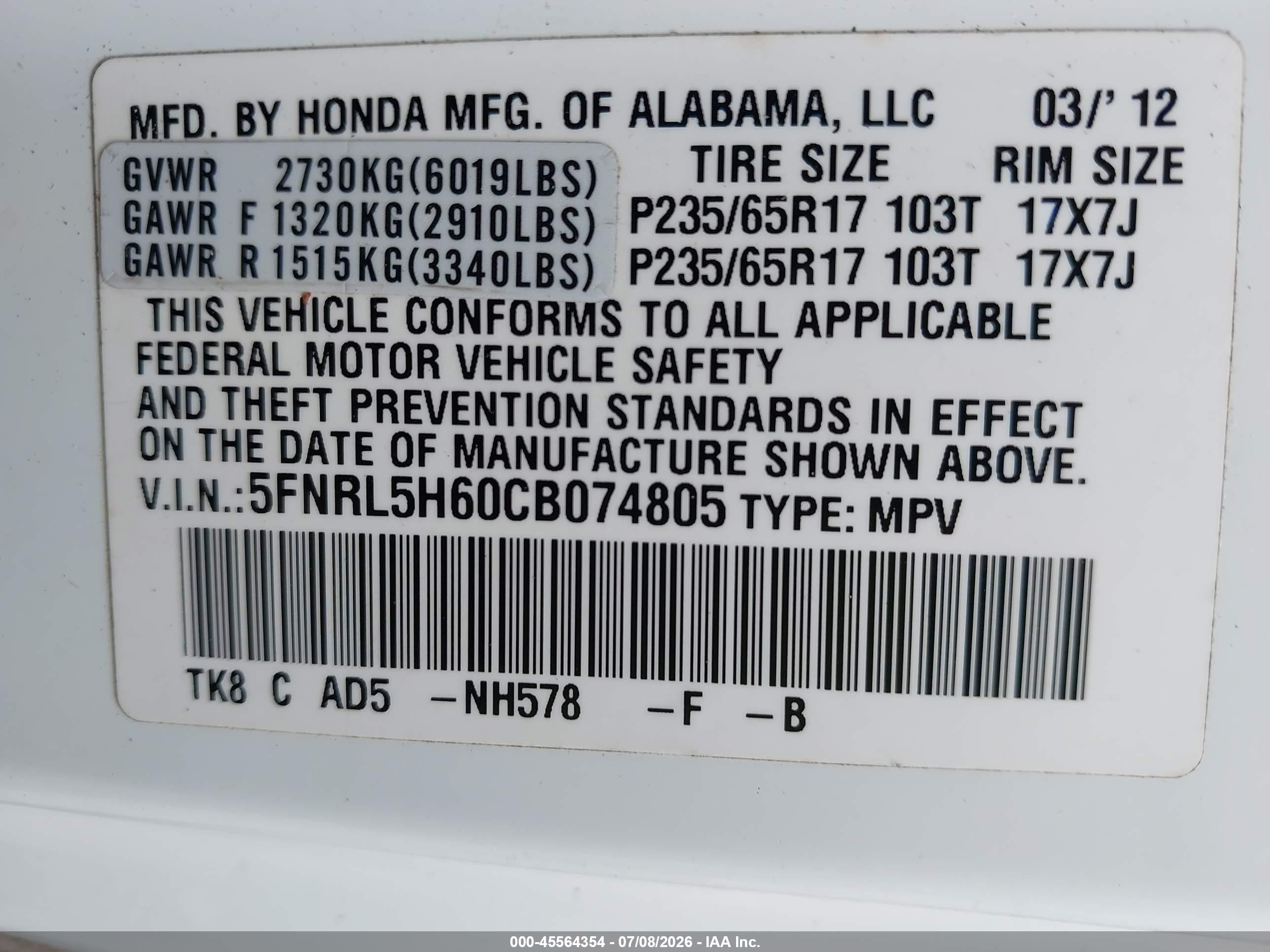 2012 Honda Odyssey Ex-l White vin: 5FNRL5H60CB074805