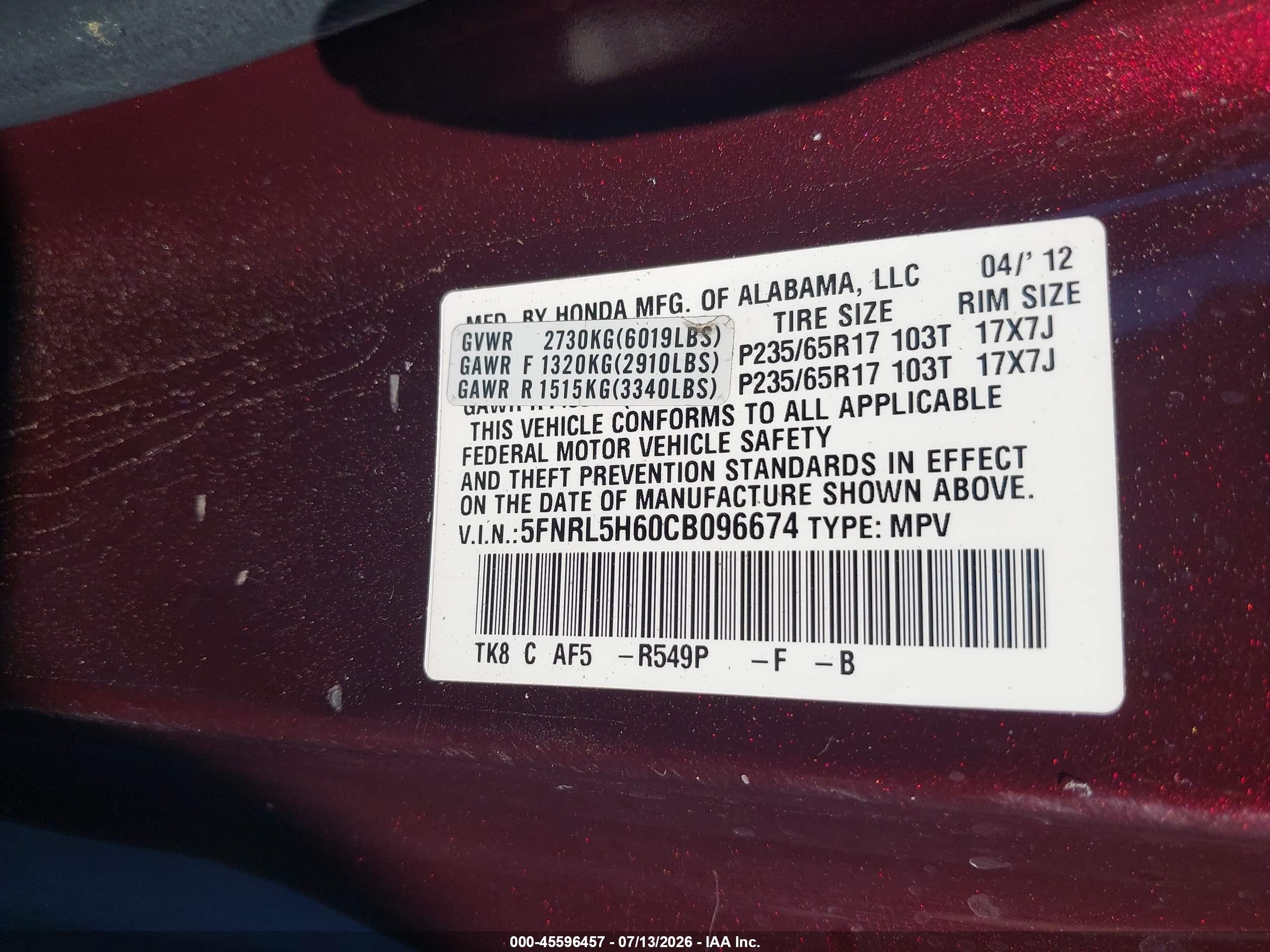 2012 Honda Odyssey Ex-l Burgundy vin: 5FNRL5H60CB096674
